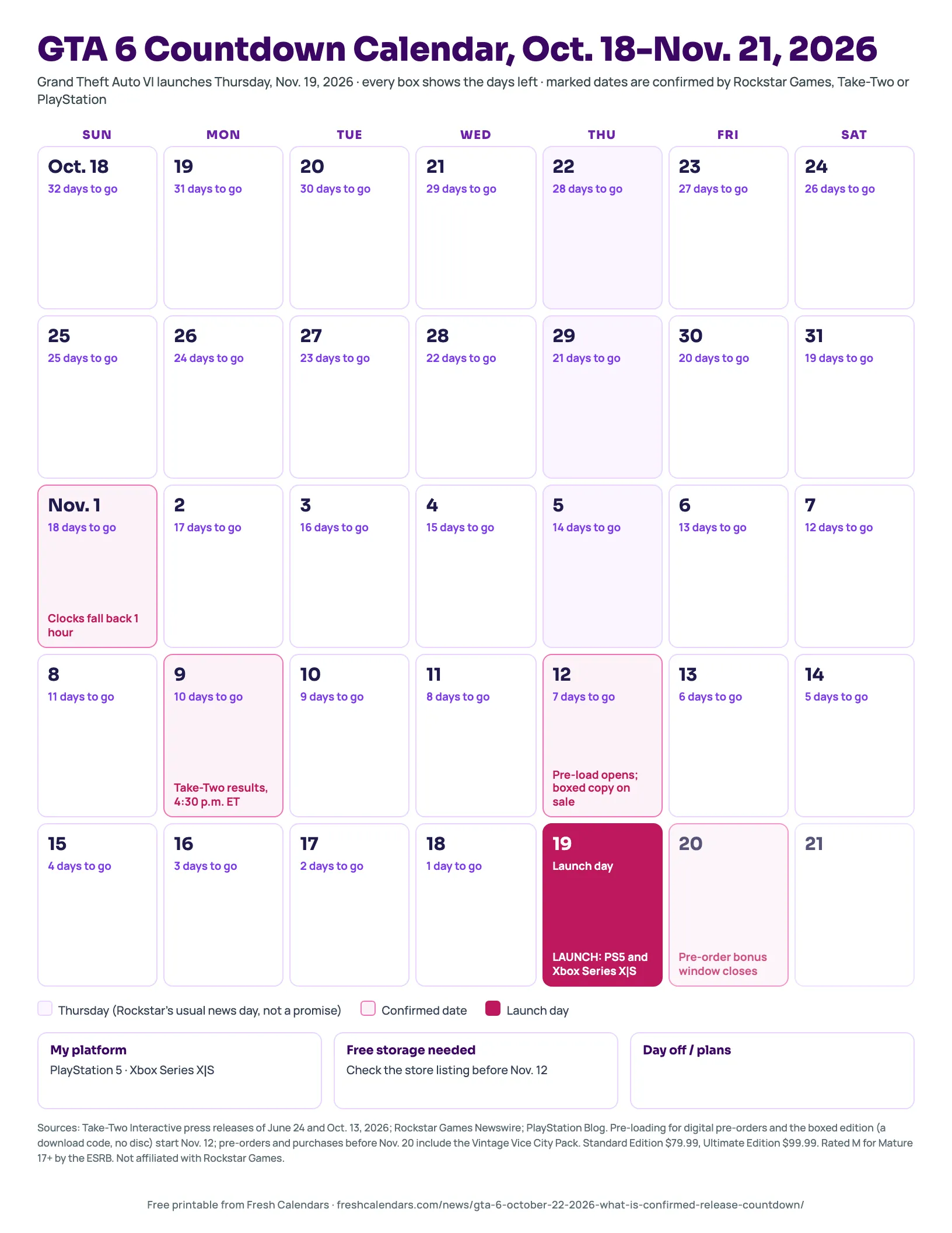 GTA 6 Countdown Calendar, Oct. 18-Nov. 21, 2026 GTA 6 countdown calendar printable from Oct. 18 to Nov. 21, 2026, with days to go and the Nov. 12 pre-load and Nov. 19 launch marked