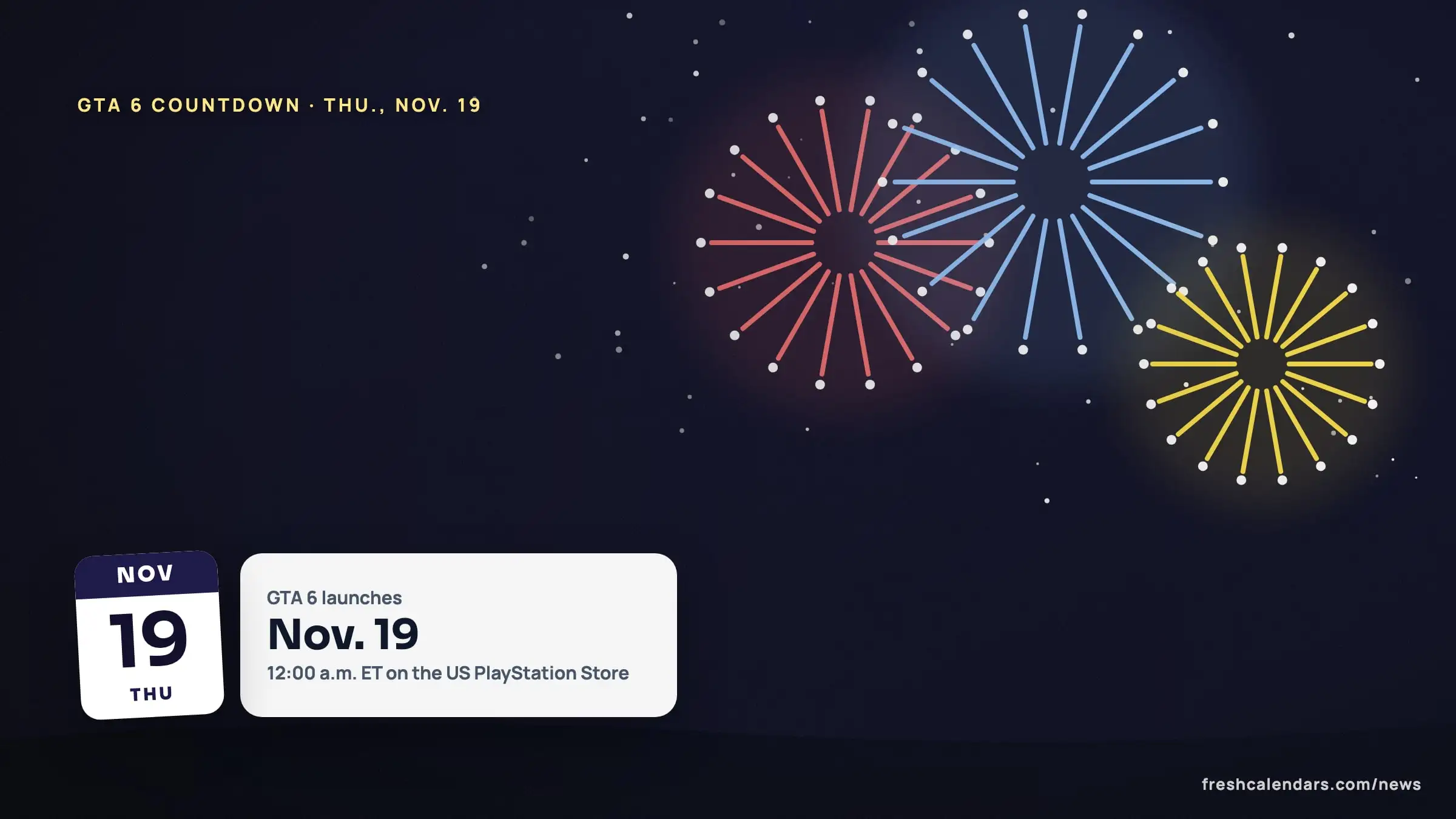 GTA 6 countdown: a night-sky fireworks scene beside a date tile for Thursday, Nov. 19, 2026 and a card reading launch Nov. 19 at 12:00 a.m. ET
