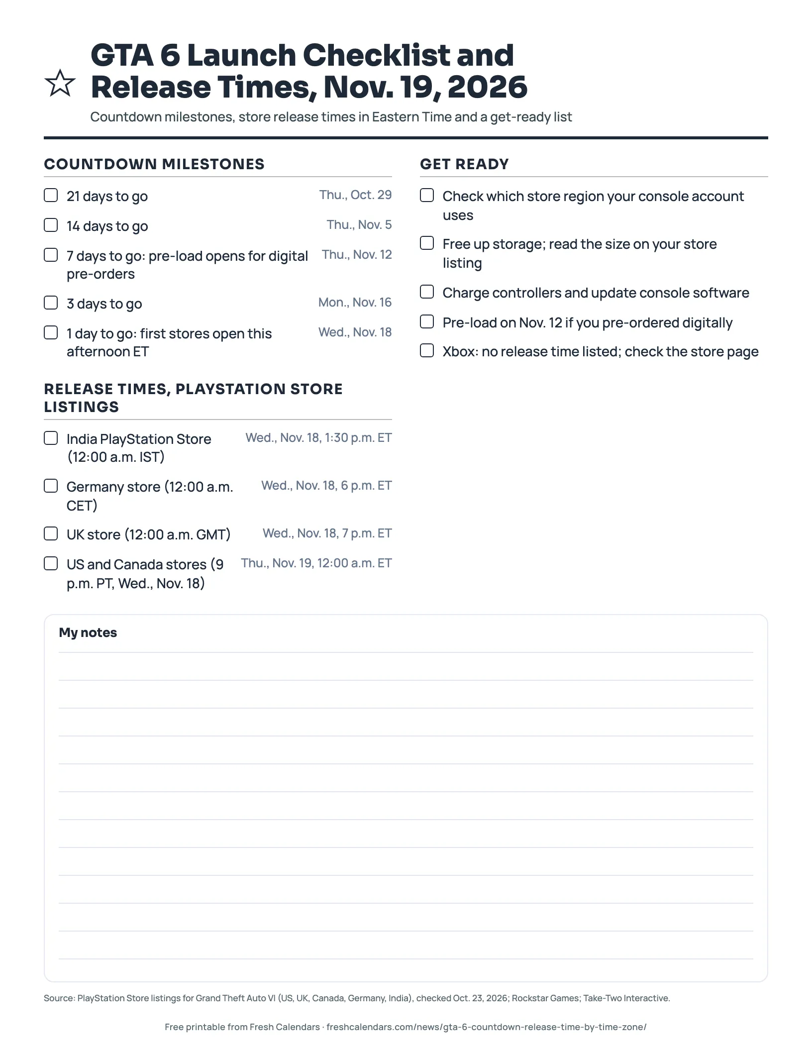 GTA 6 Launch Checklist and Release Times, Nov. 19, 2026 (ink saver) GTA 6 launch checklist printable with countdown milestones from Oct. 29 to Nov. 18, store release times and a get-ready checklist, ink-saver version