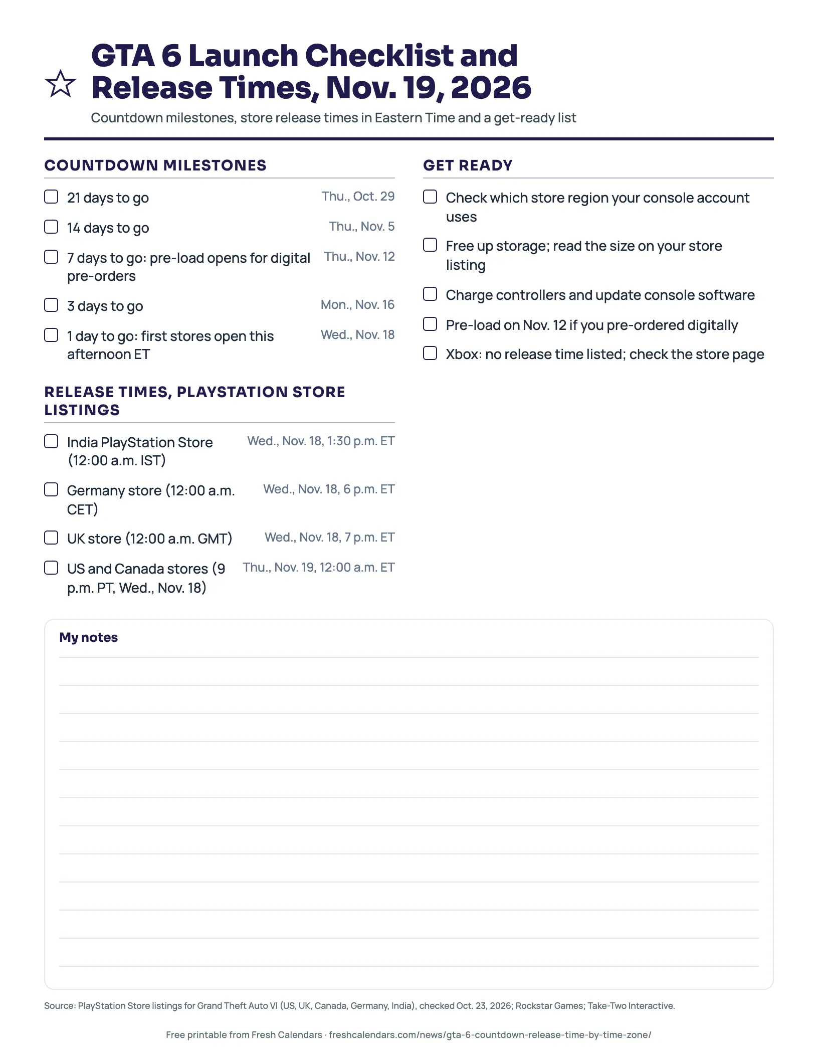GTA 6 Launch Checklist and Release Times, Nov. 19, 2026 GTA 6 launch checklist printable with countdown milestones from Oct. 29 to Nov. 18, store release times and a get-ready checklist
