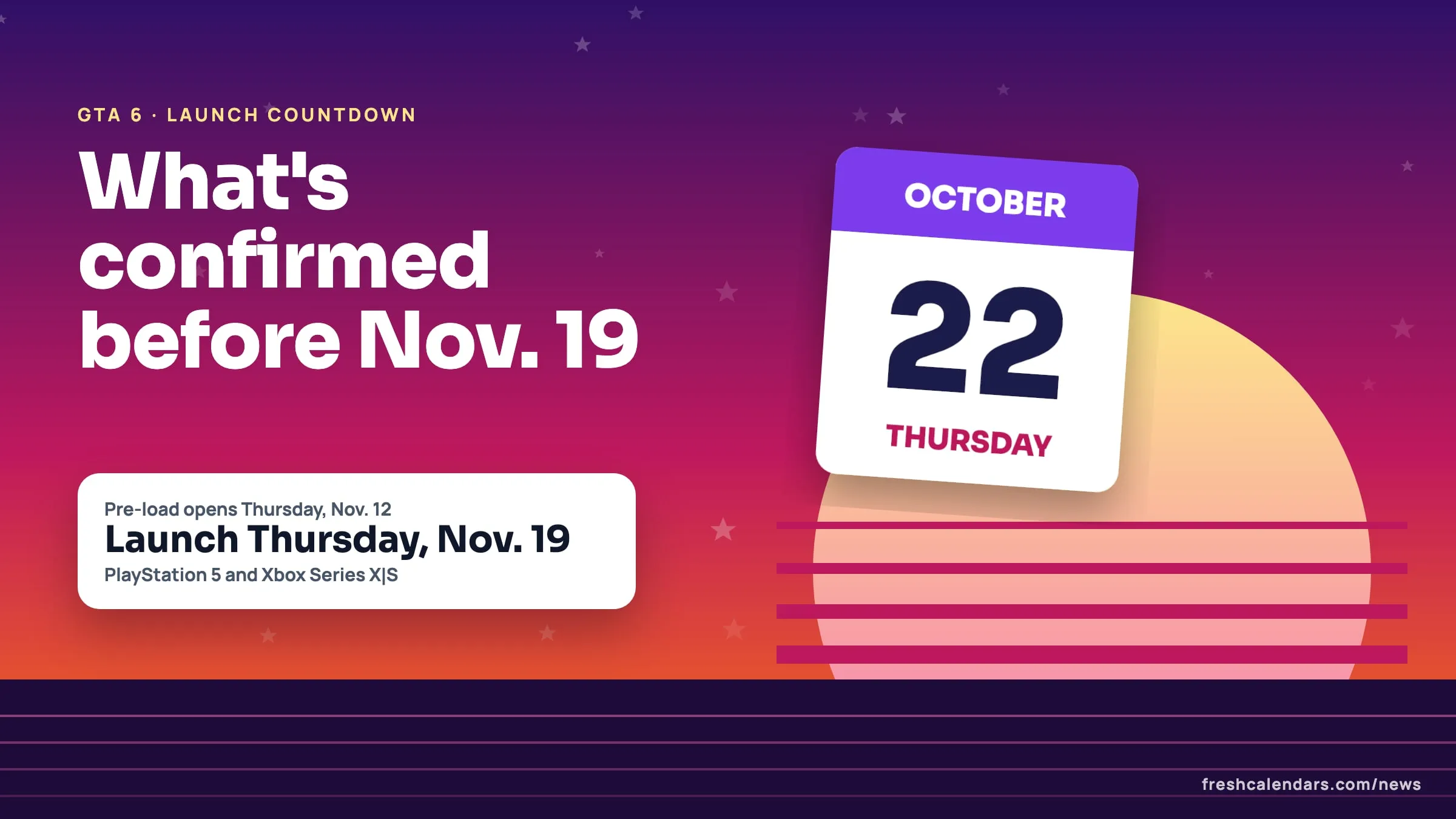 GTA 6 on Oct. 22: What Rockstar Has Confirmed, the Thursday Pattern and Every Date Until the Nov. 19 Launch GTA 6 countdown: a calendar page for Thursday, Oct. 22 over a neon sunset, beside a card reading launch Thursday, Nov. 19
