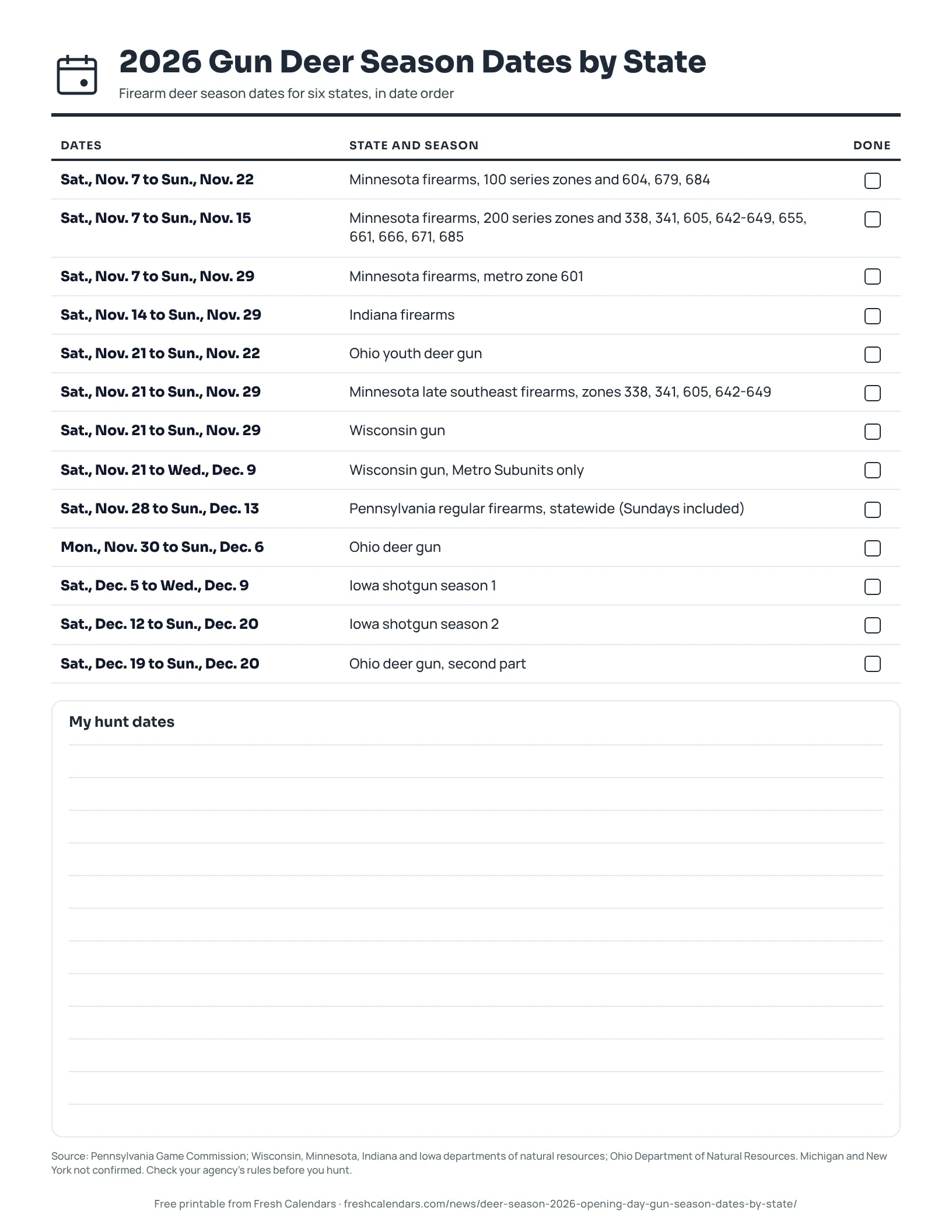 2026 Gun Deer Season Dates by State (ink saver) 2026 gun deer season dates printable listing firearm season dates for Minnesota, Wisconsin, Indiana, Ohio, Pennsylvania and Iowa, ink-saver version