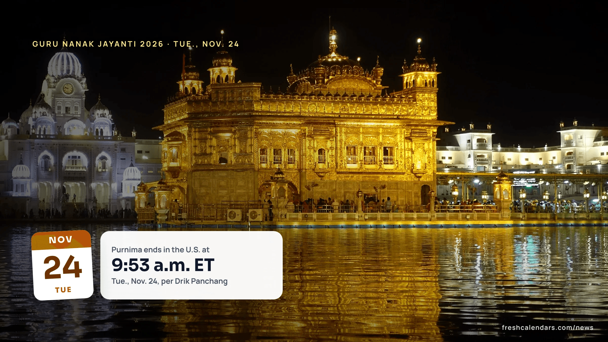 Guru Nanak Jayanti 2026: the Golden Temple (Harmandir Sahib) in Amritsar lit at night and reflected in its pool