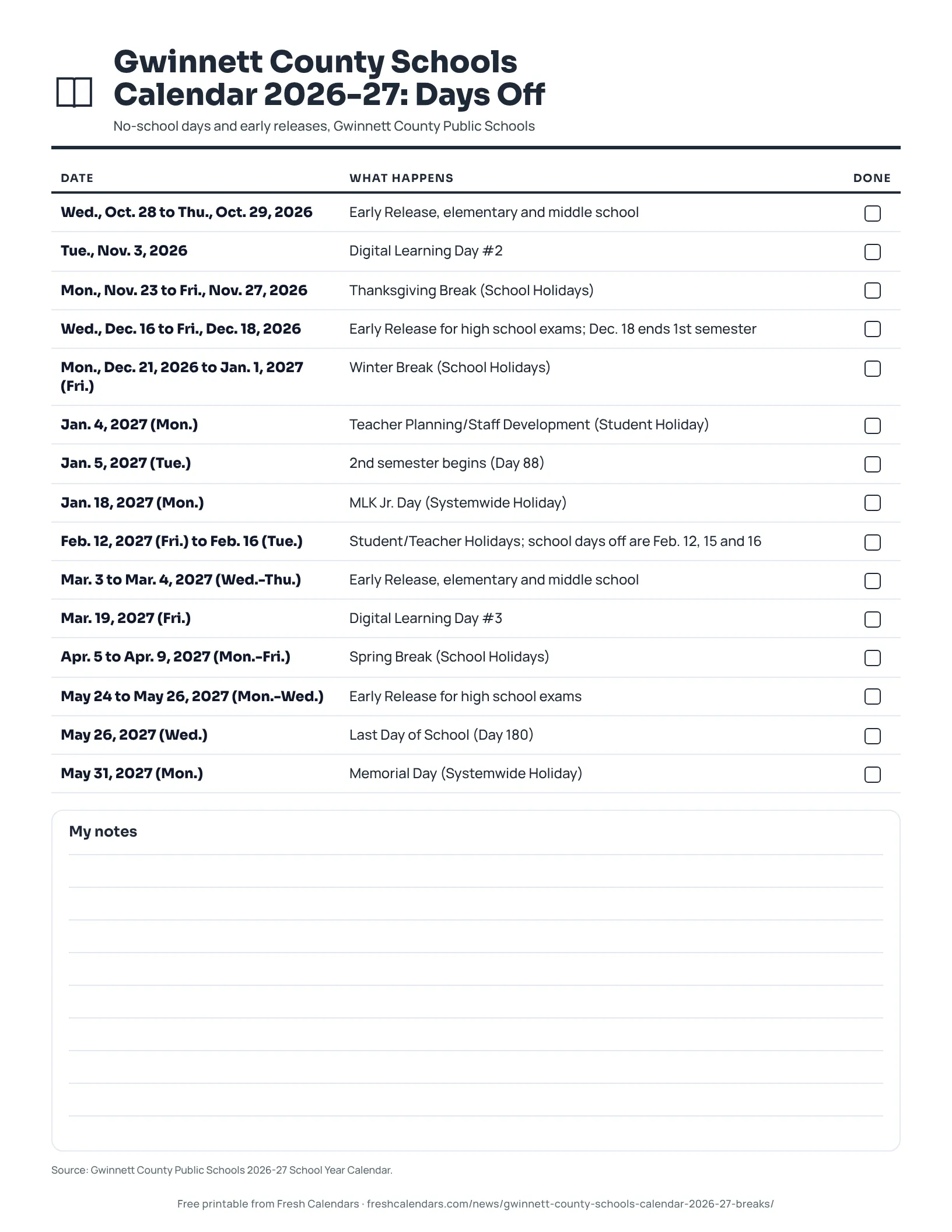 Gwinnett County Schools Calendar 2026-27: Days Off (ink saver) Gwinnett County Public Schools 2026-27 printable list of breaks, holidays, early releases and digital learning days, ink-saver version