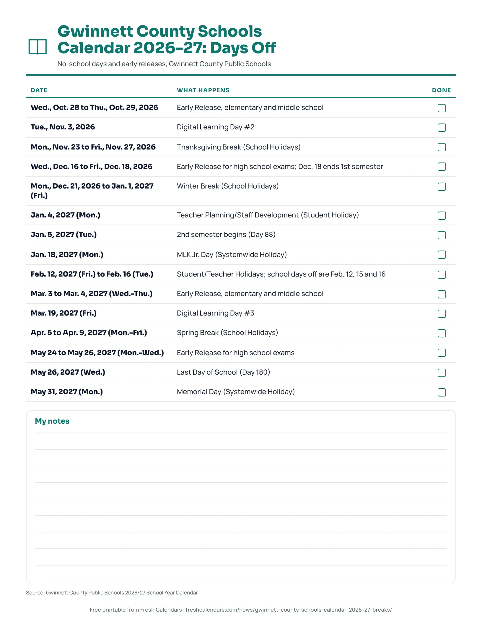 Gwinnett County Schools Calendar 2026-27: Days Off Gwinnett County Public Schools 2026-27 printable list of breaks, holidays, early releases and digital learning days