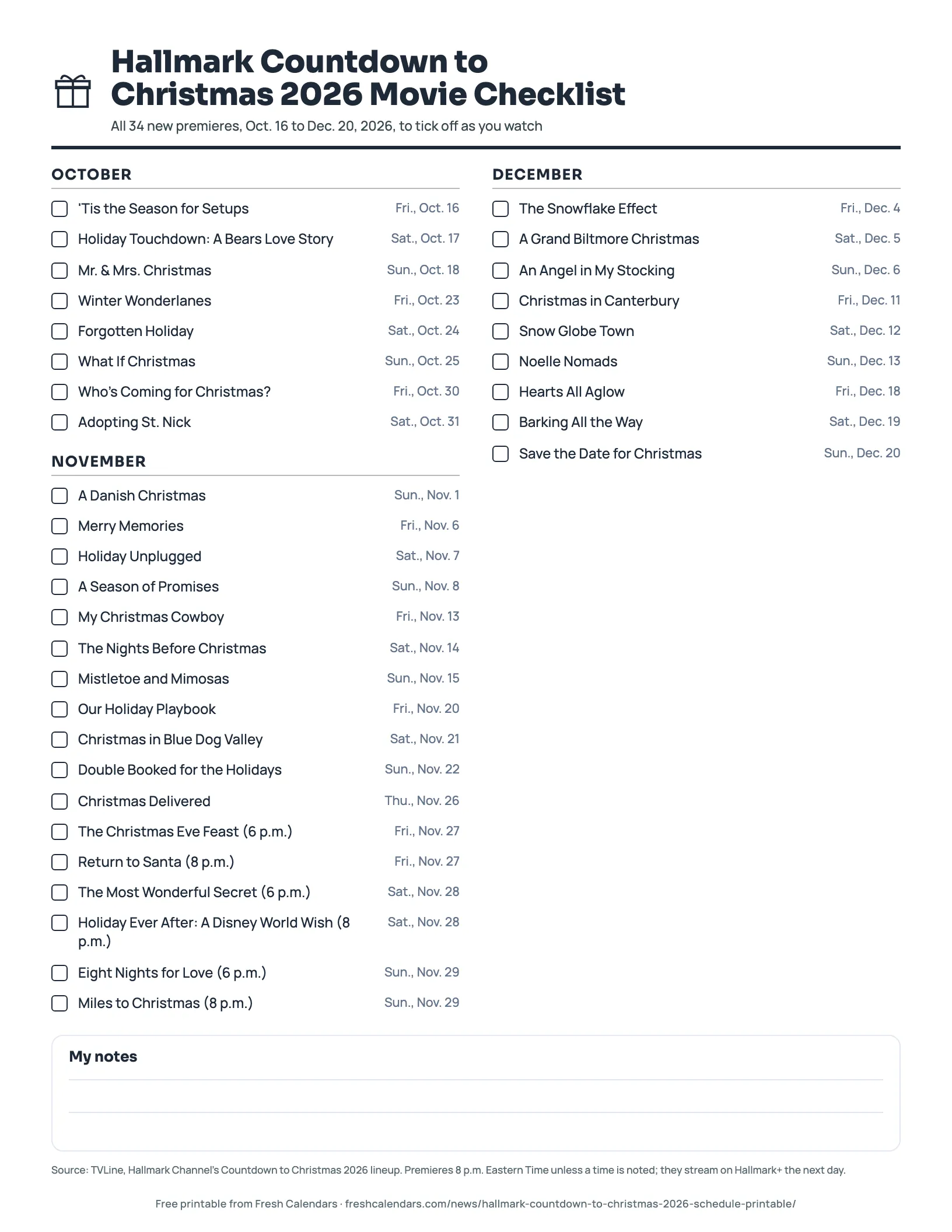Hallmark Countdown to Christmas 2026 Movie Checklist (ink saver) Printable Hallmark Countdown to Christmas 2026 checklist with all 34 movies grouped by October, November and December and a tick box for each, ink-saver version