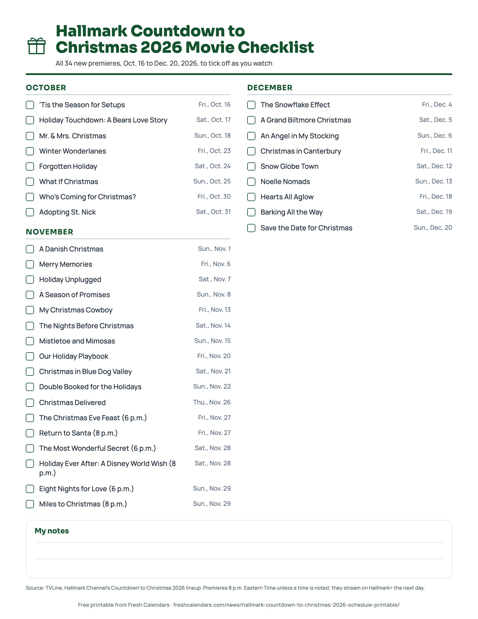 Hallmark Countdown to Christmas 2026 Movie Checklist Printable Hallmark Countdown to Christmas 2026 checklist with all 34 movies grouped by October, November and December and a tick box for each