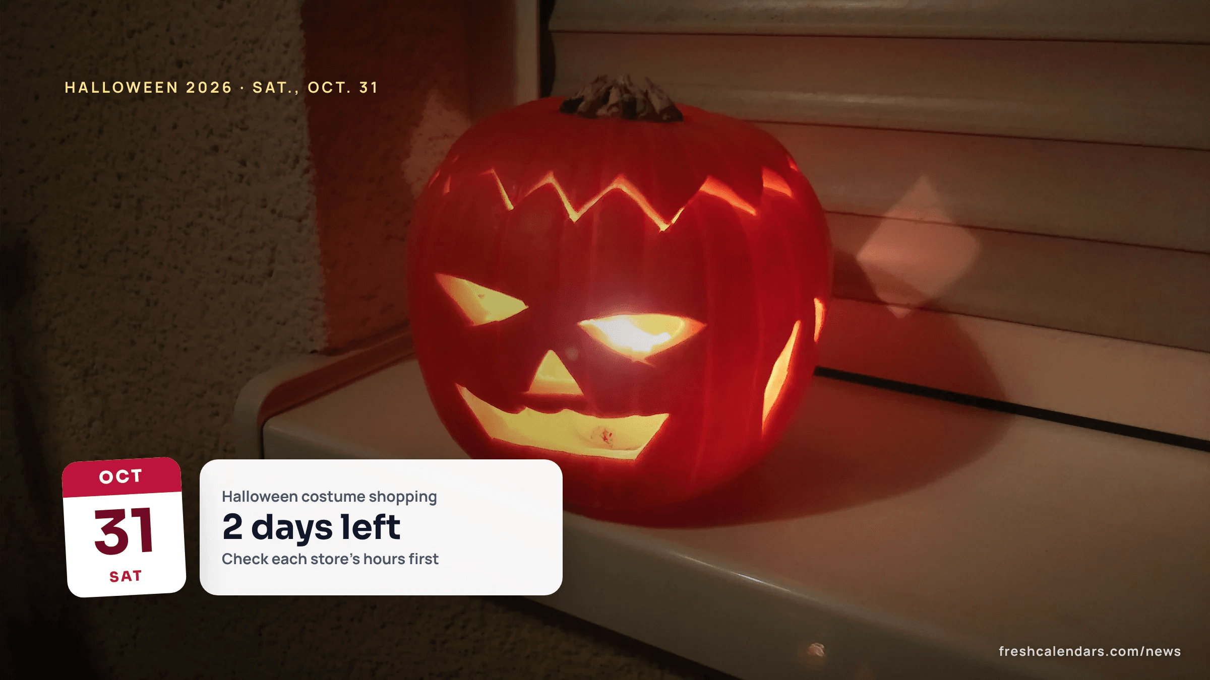 A carved jack-o'-lantern glowing on a windowsill, for Halloween costume stores open Oct. 29-31, 2026