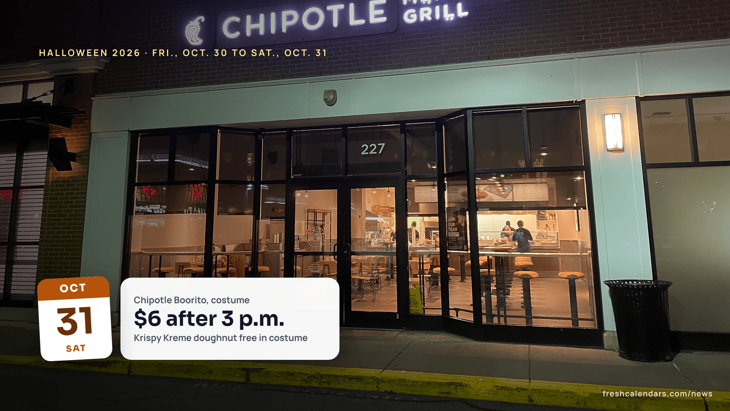 Halloween free food 2026: a Chipotle restaurant storefront lit up in the evening