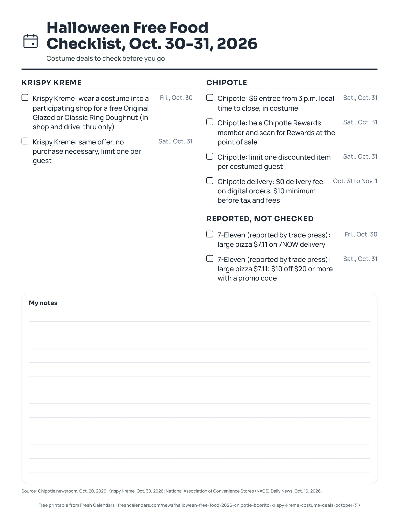 Halloween Free Food Checklist, Oct. 30-31, 2026 (ink saver) Printable Halloween free food checklist for Friday, Oct. 30 and Saturday, Oct. 31, 2026, ink-saver version