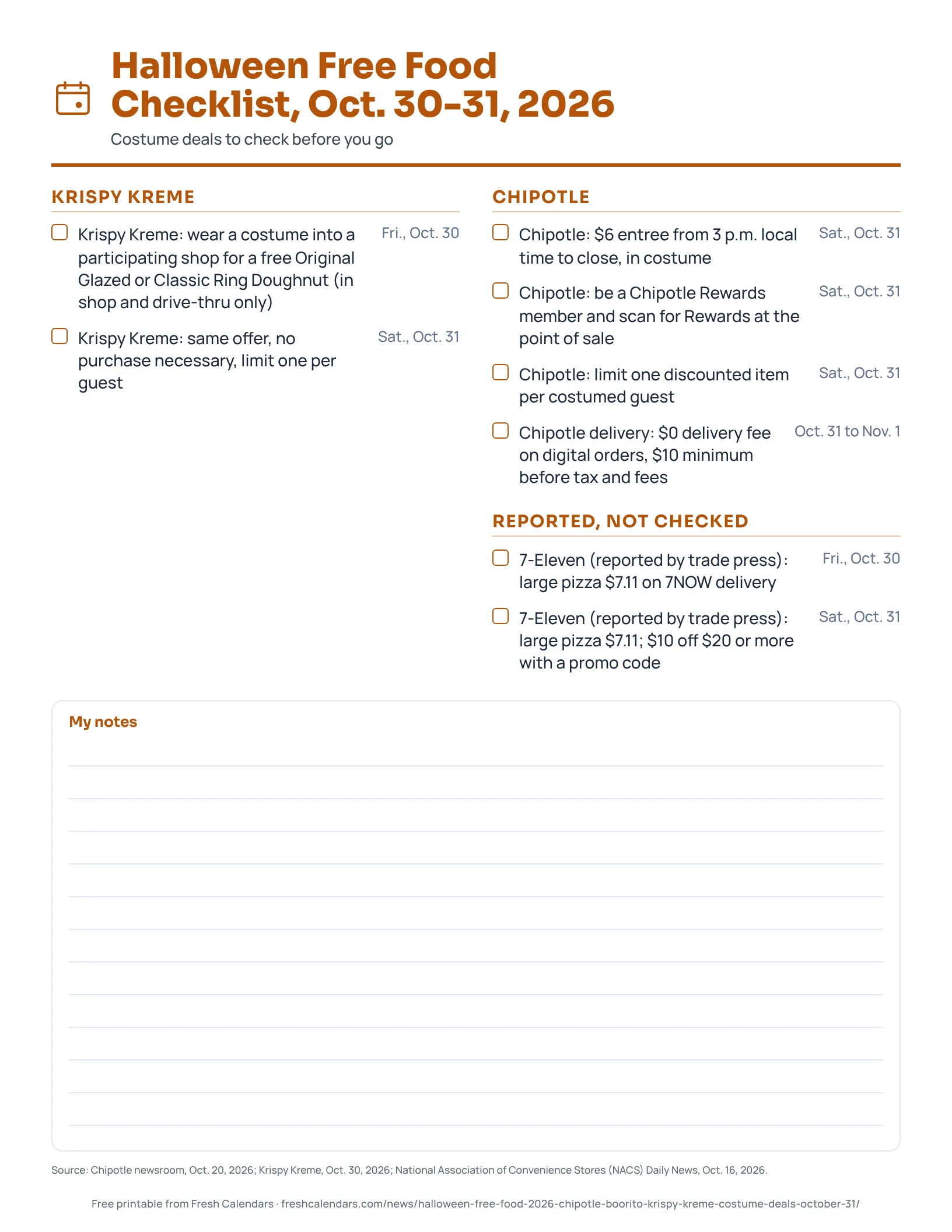 Halloween Free Food Checklist, Oct. 30-31, 2026 Printable Halloween free food checklist for Friday, Oct. 30 and Saturday, Oct. 31, 2026