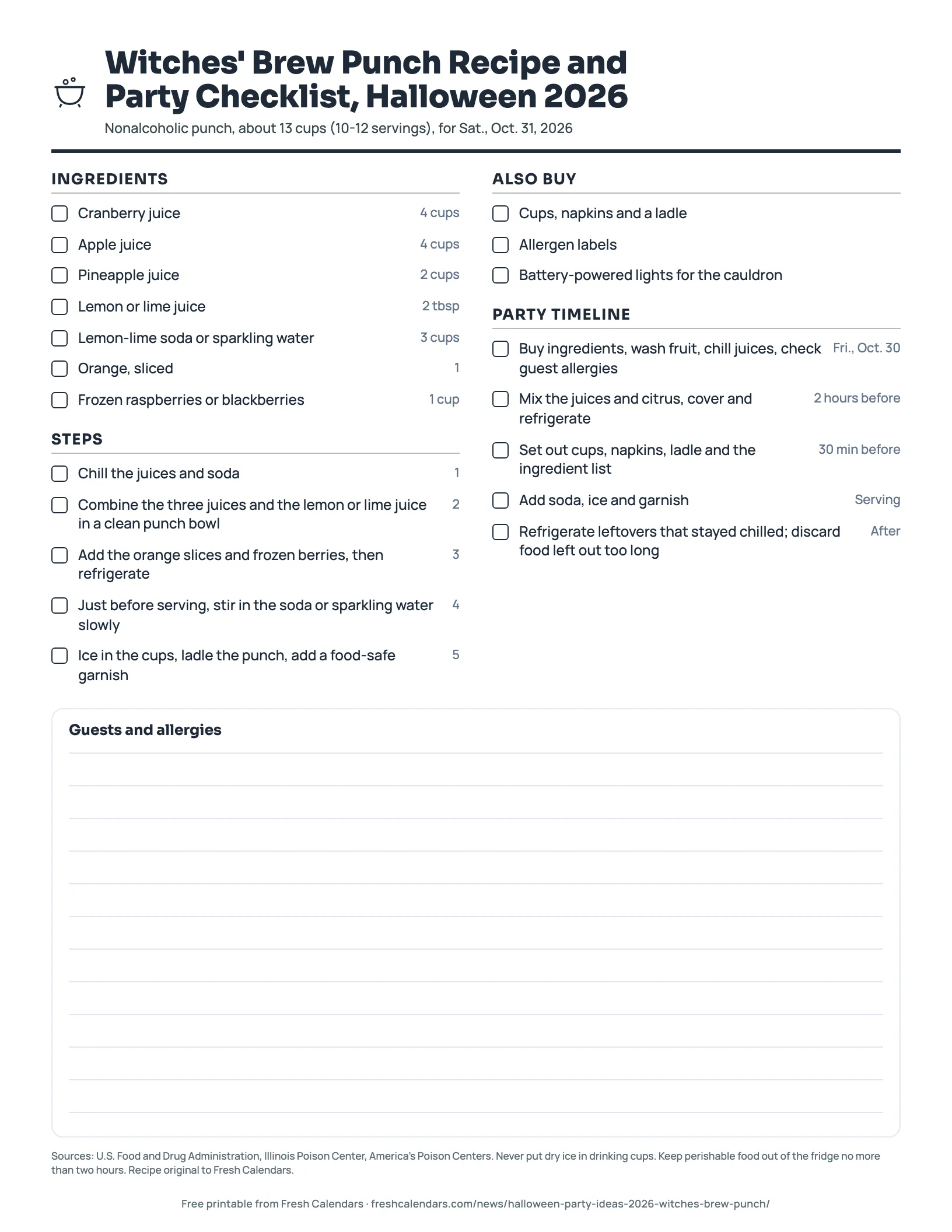 Witches' Brew Punch Recipe and Party Checklist, Halloween 2026 (ink saver) Printable witches' brew punch recipe and party checklist for Halloween 2026 with ingredients, steps, shopping list and timeline, ink-saver version