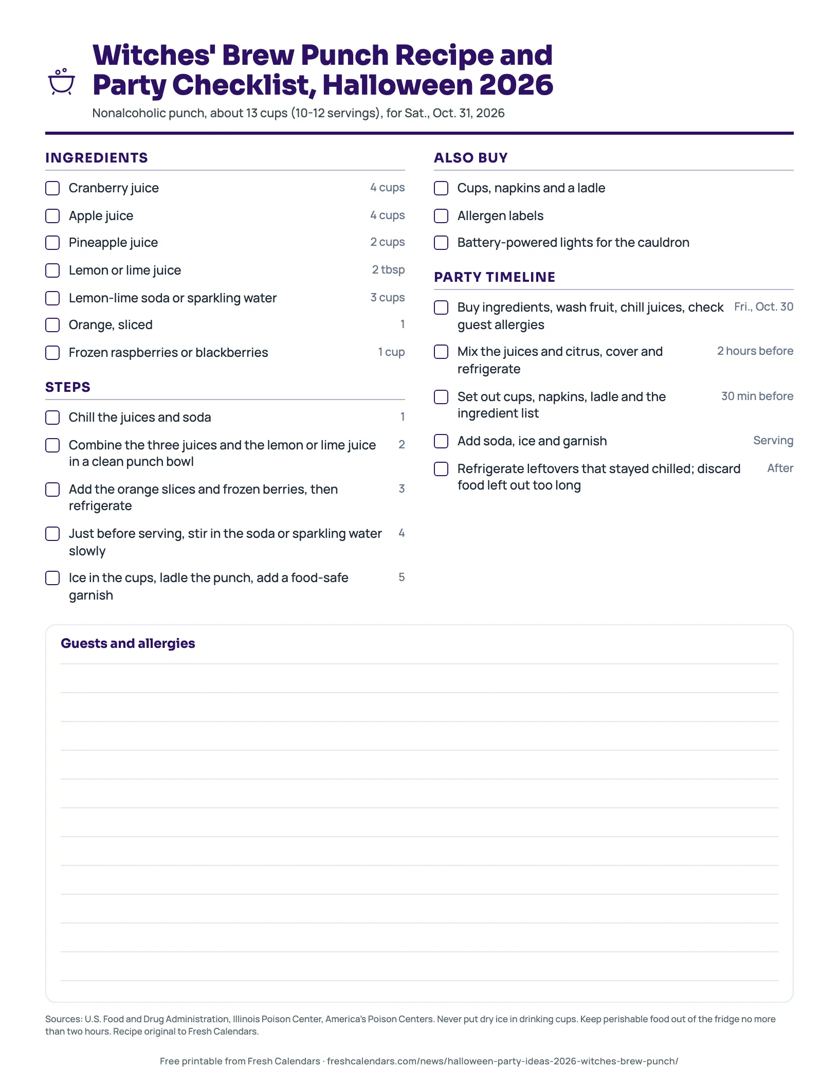 Witches' Brew Punch Recipe and Party Checklist, Halloween 2026 Printable witches' brew punch recipe and party checklist for Halloween 2026 with ingredients, steps, shopping list and timeline