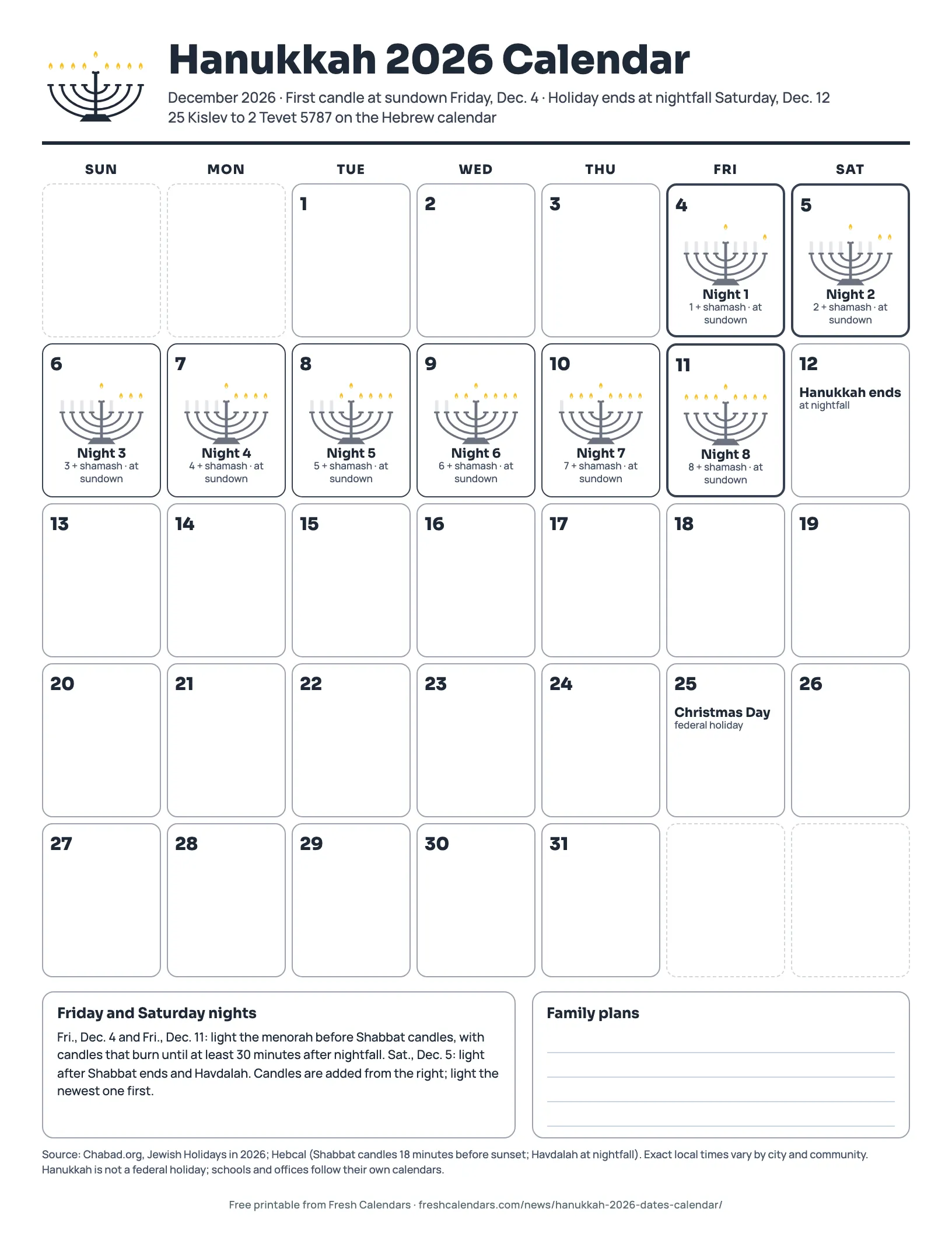 Ink-saver Hanukkah 2026 calendar printable in black and white with the eight nights of Hanukkah marked in December 2026