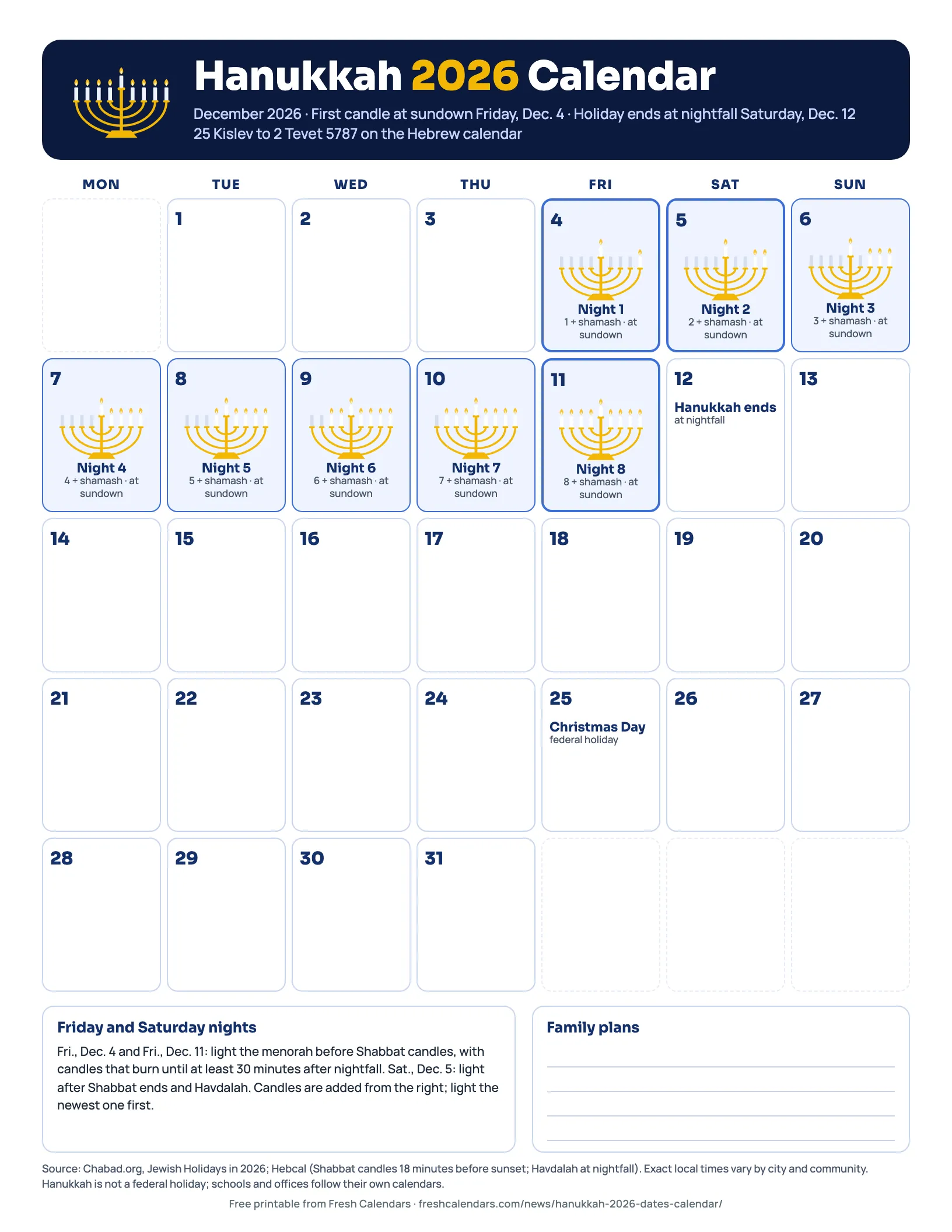 Hanukkah 2026 calendar printable with Monday-start weeks and the eight nights from Dec. 4 to Dec. 11, 2026 marked