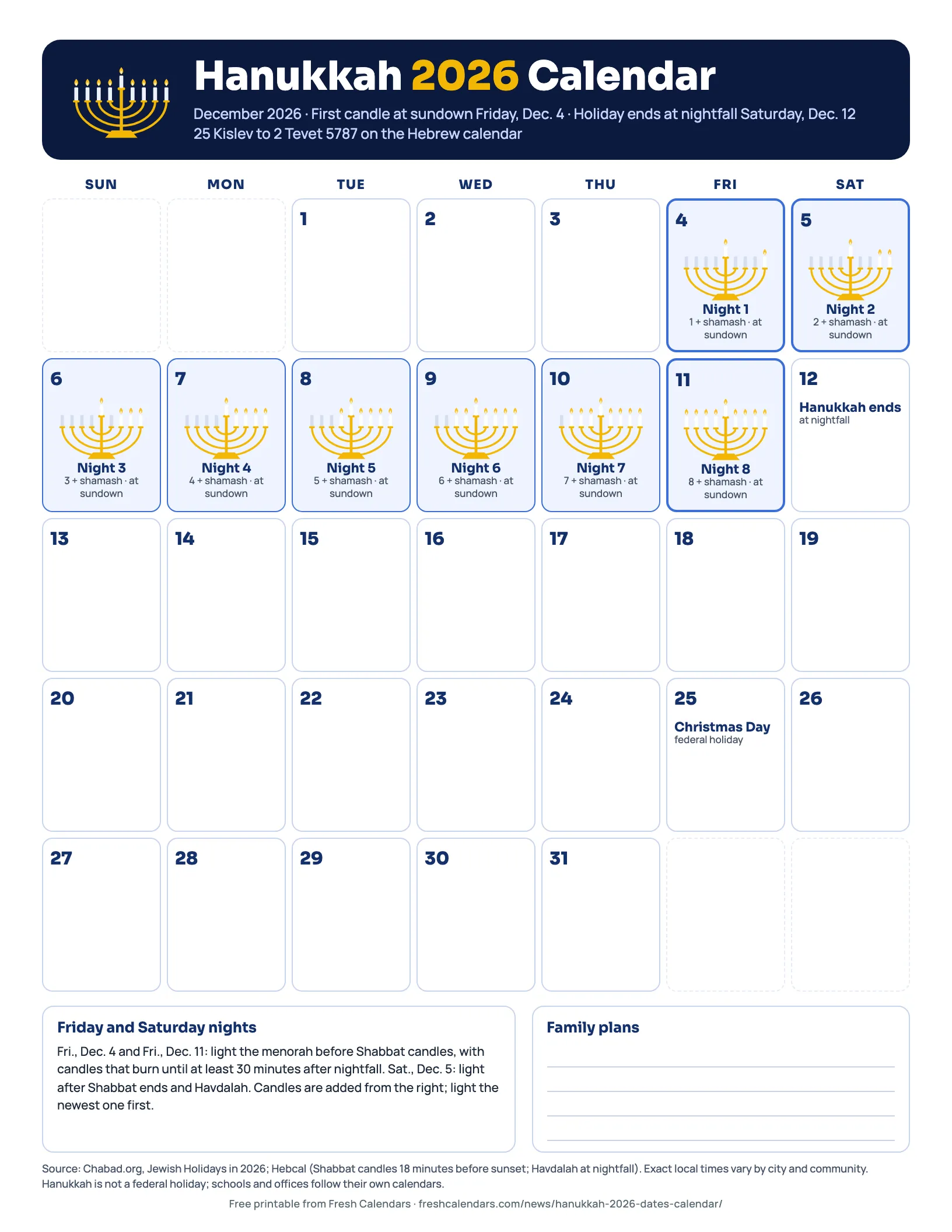 Hanukkah 2026 calendar printable: December 2026 grid with nights 1 to 8 marked from Friday, Dec. 4 to Friday, Dec. 11 and the holiday ending Dec. 12