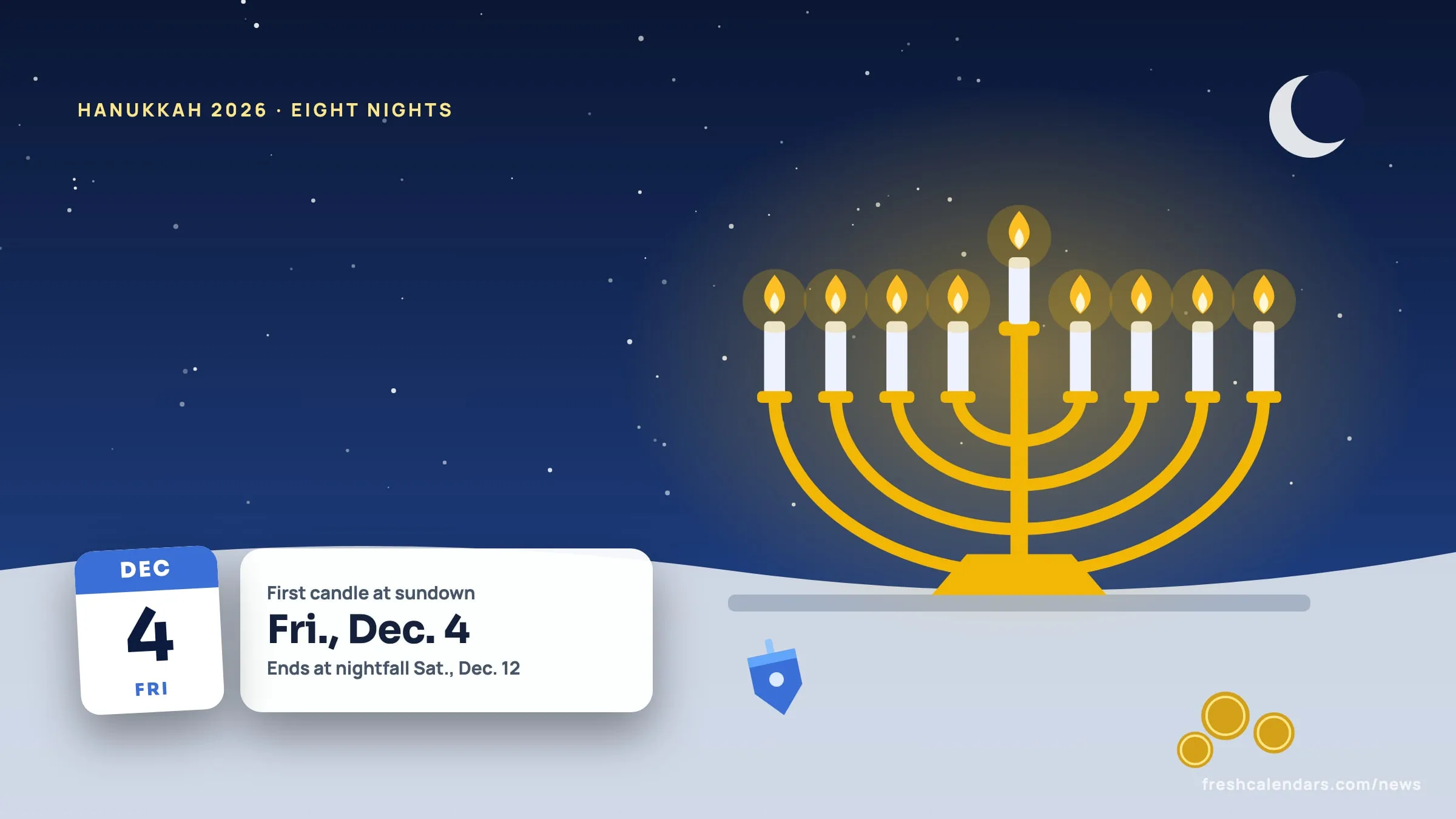 Hanukkah 2026 illustration: a menorah with all nine candles lit on a winter night, with a Dec. 4 date tile and a card saying the holiday ends Dec. 12