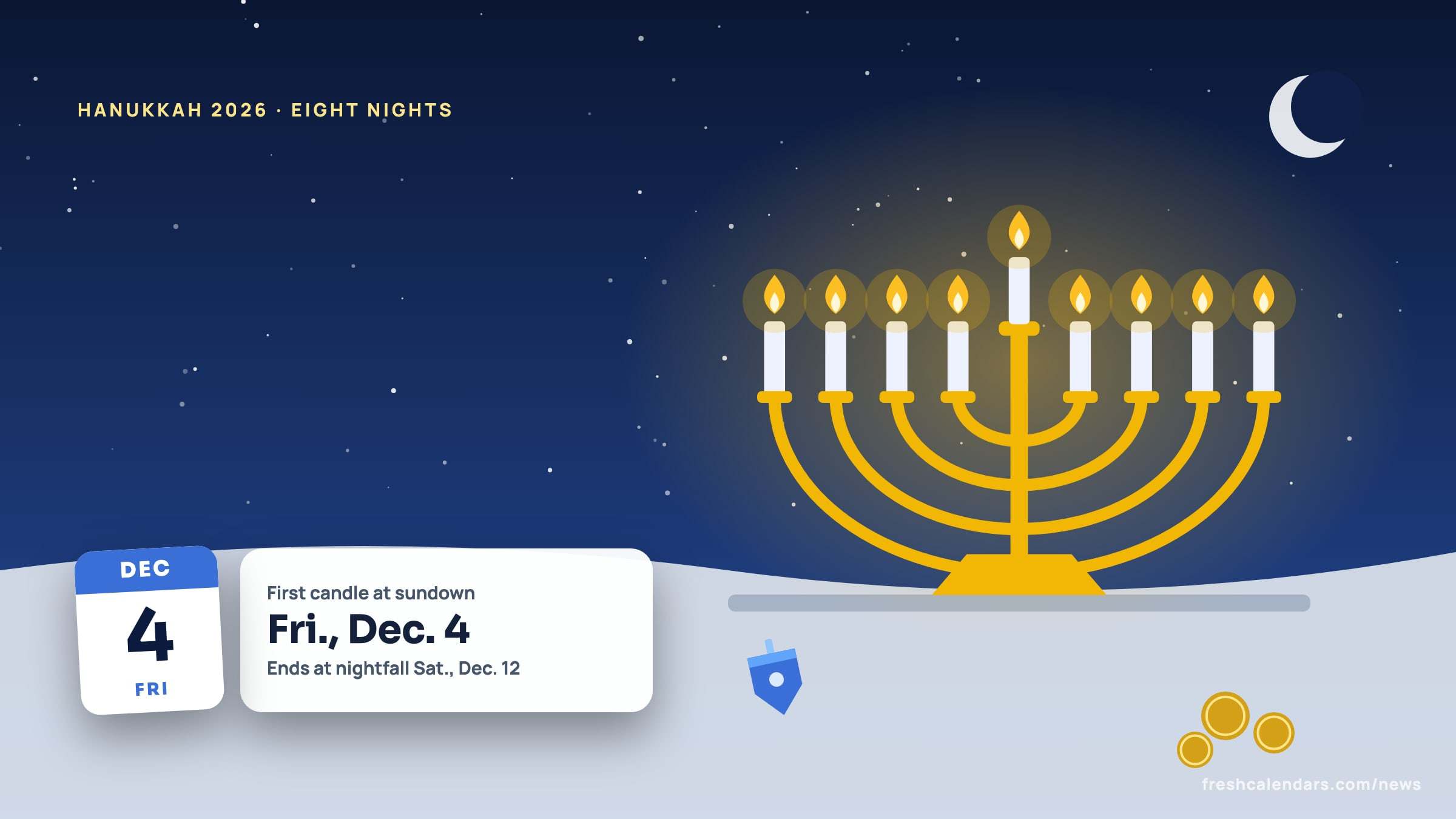 Hanukkah 2026 illustration: a menorah with all nine candles lit on a winter night, with a Dec. 4 date tile and a card saying the holiday ends Dec. 12