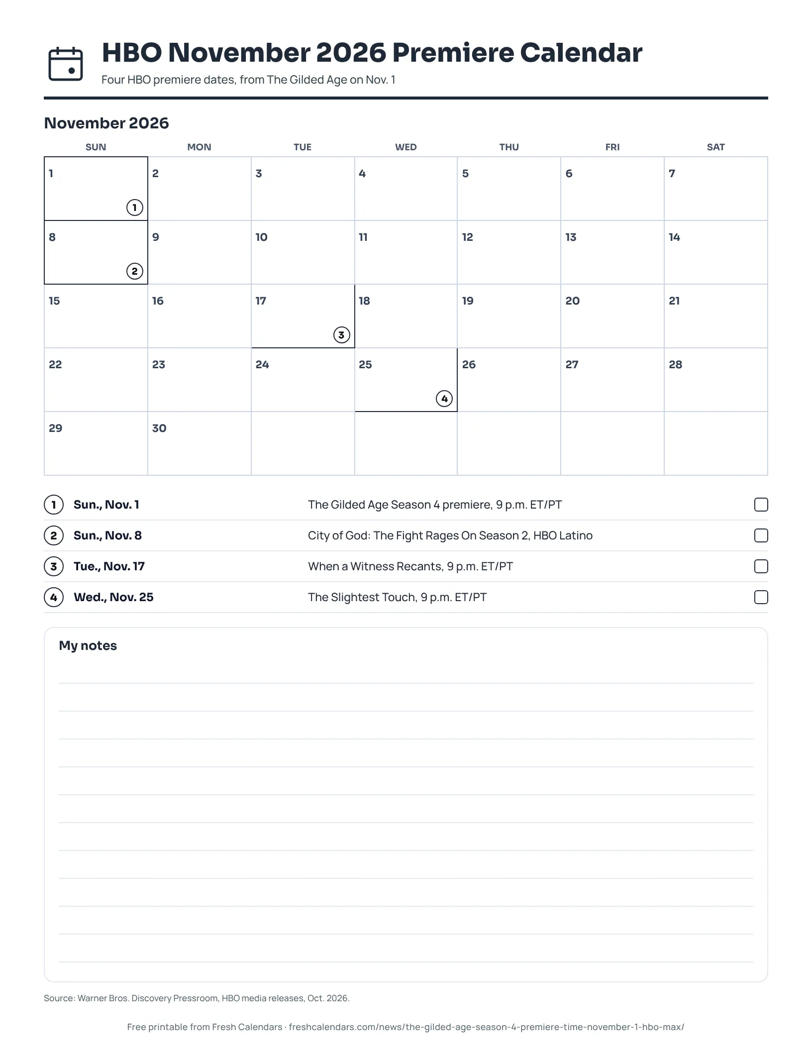 Printable HBO November 2026 premiere calendar listing The Gilded Age Season 4 on Nov. 1 and three other HBO dates, ink-saver version