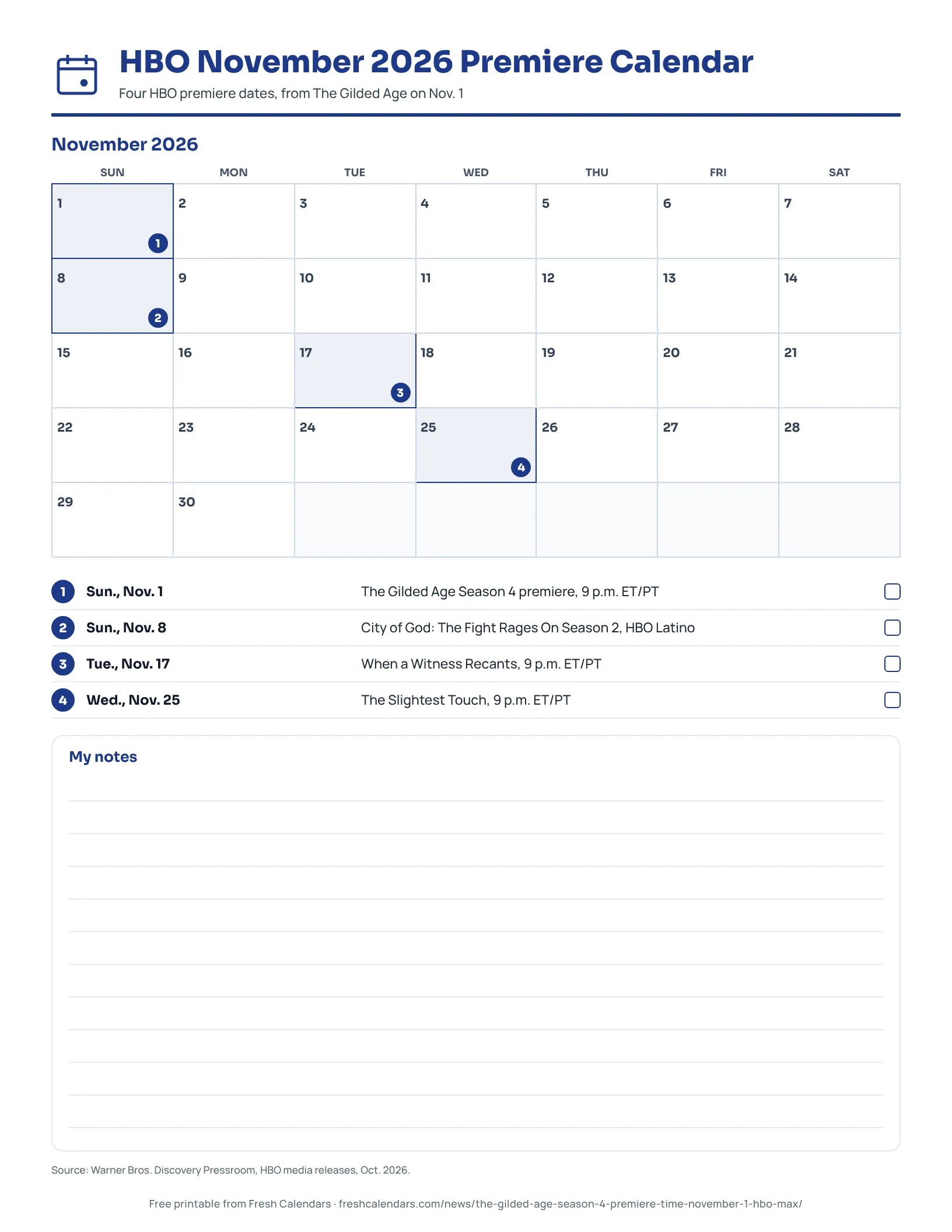 Printable HBO November 2026 premiere calendar listing The Gilded Age Season 4 on Nov. 1 and three other HBO dates