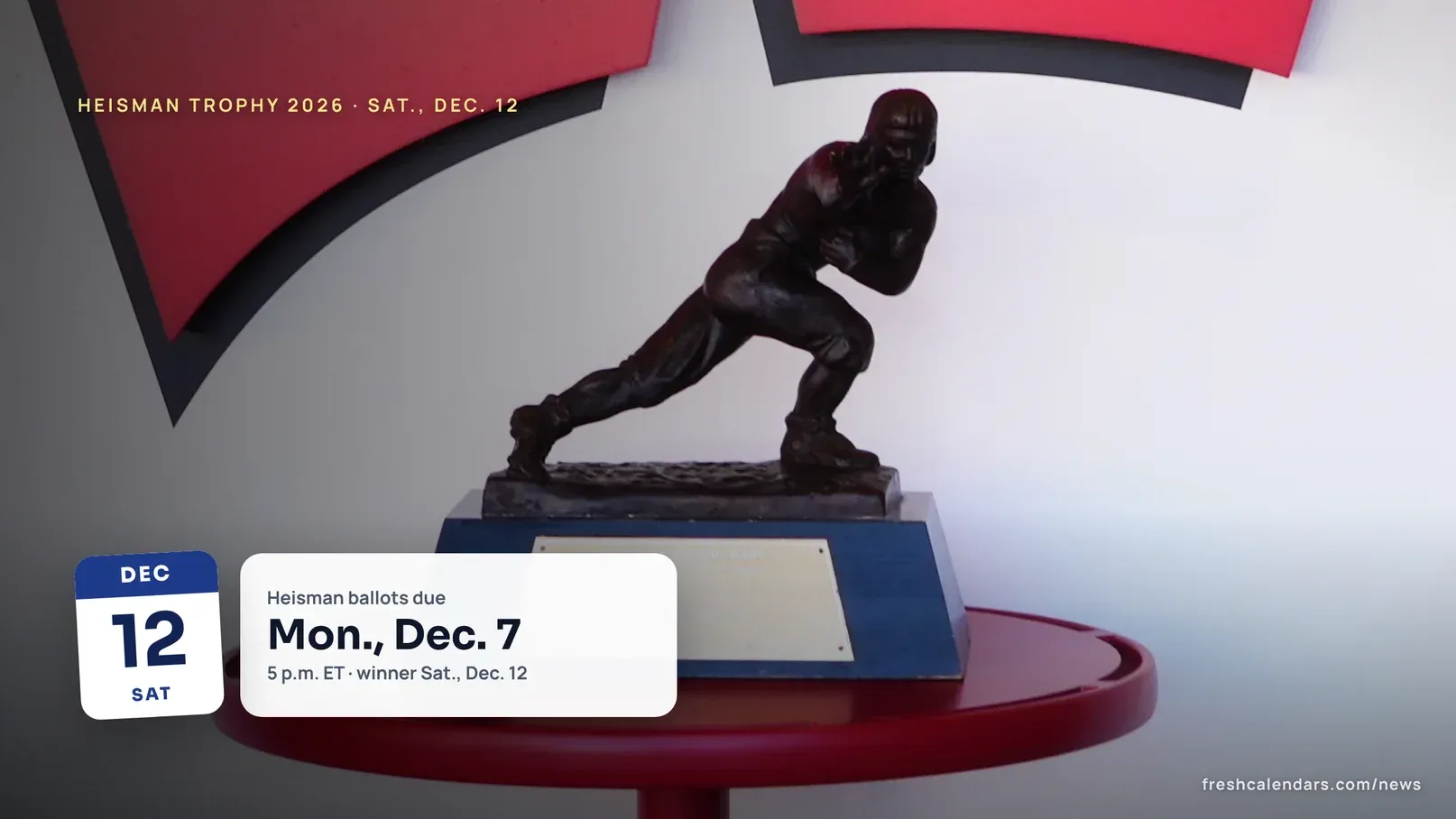 Heisman Trophy 2026 Ceremony Is Saturday, Dec. 12: Voting Deadline, Finalists Date and Time Zones A Heisman Trophy statue on a stand, shown for the Heisman Trophy 2026 date and voting timeline