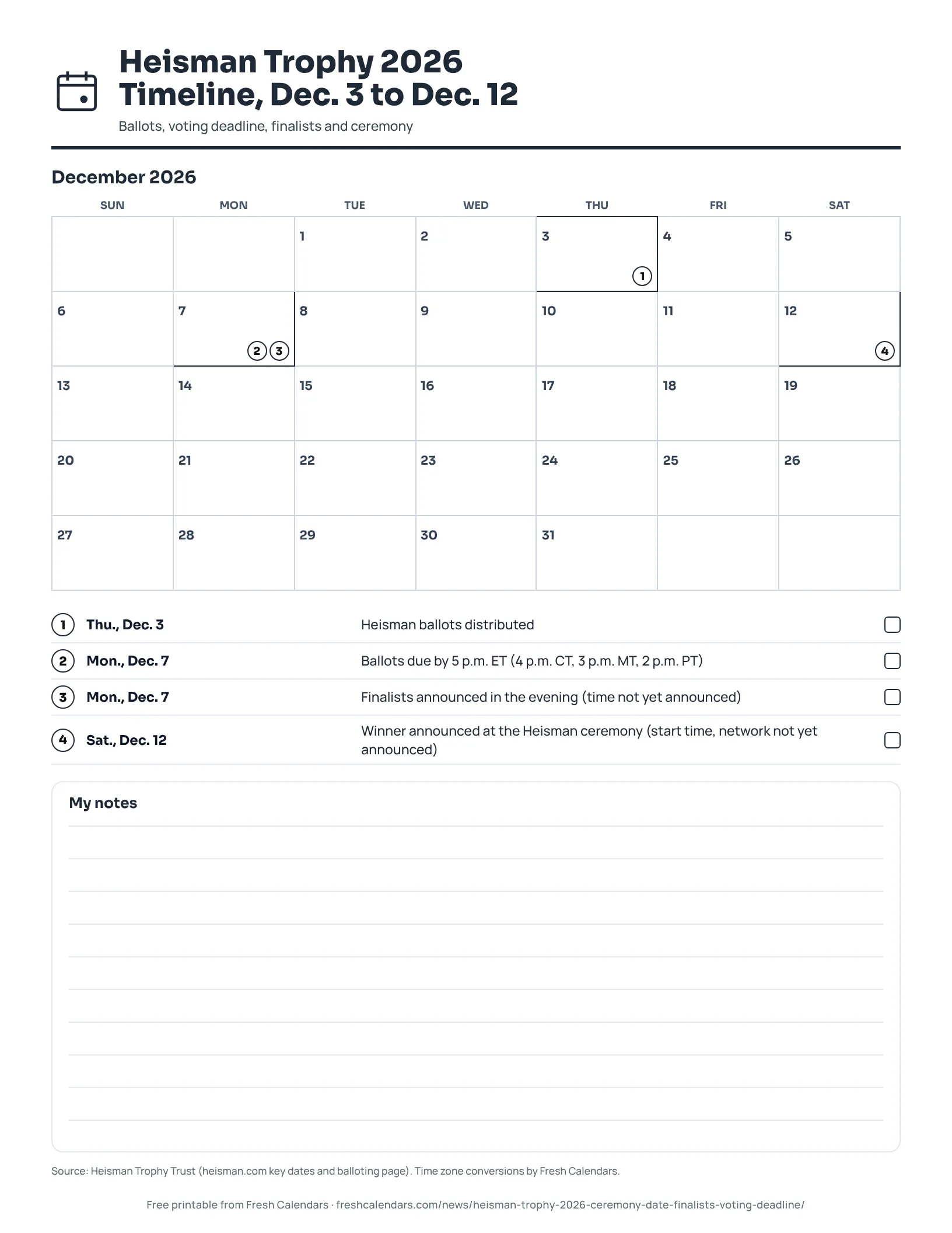 Heisman Trophy 2026 Timeline, Dec. 3 to Dec. 12 (ink saver) Printable Heisman Trophy 2026 timeline listing ballots, voting deadline, finalists and ceremony dates, ink-saver version