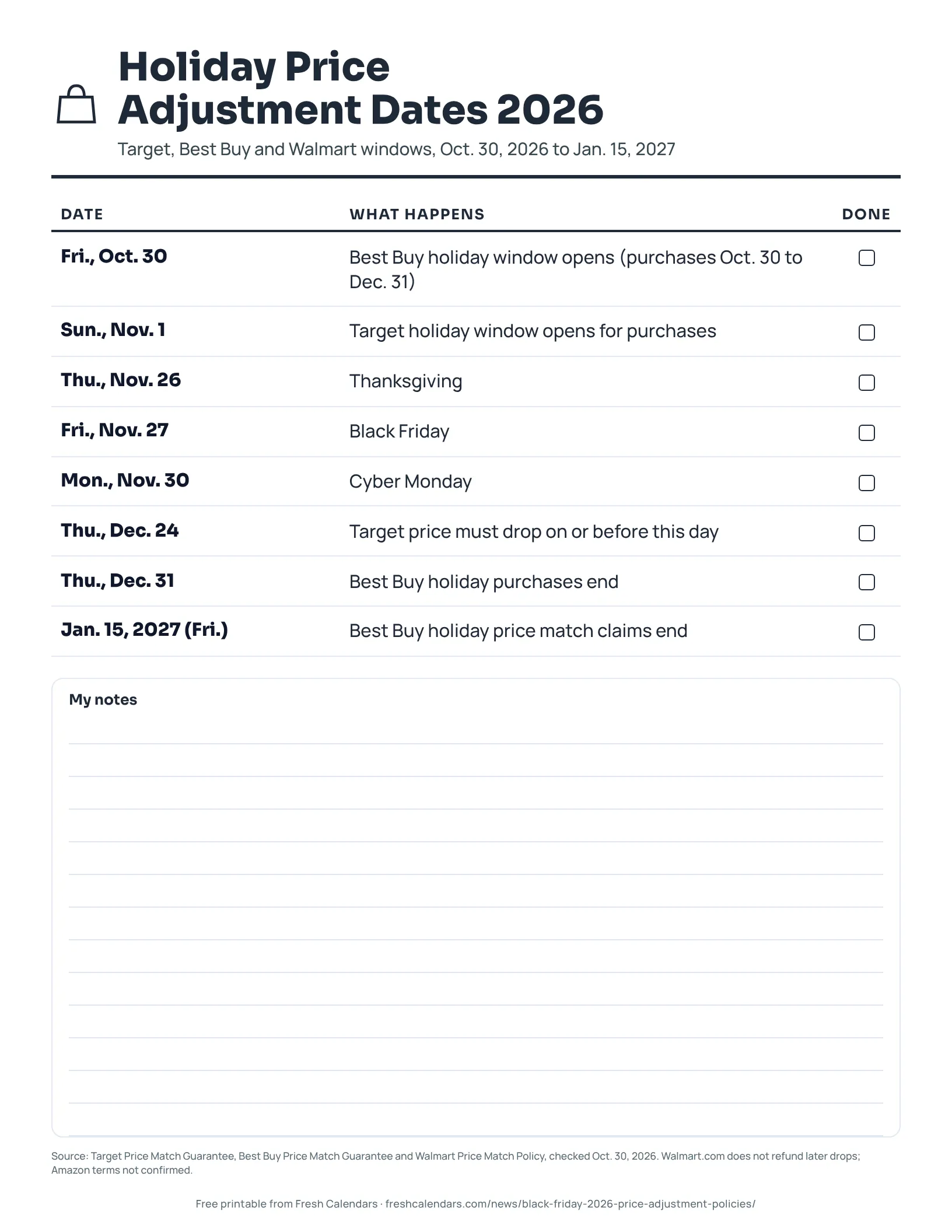 Printable list of holiday price adjustment dates for Target and Best Buy from Oct. 30, 2026 to Jan. 15, 2027, ink-saver version