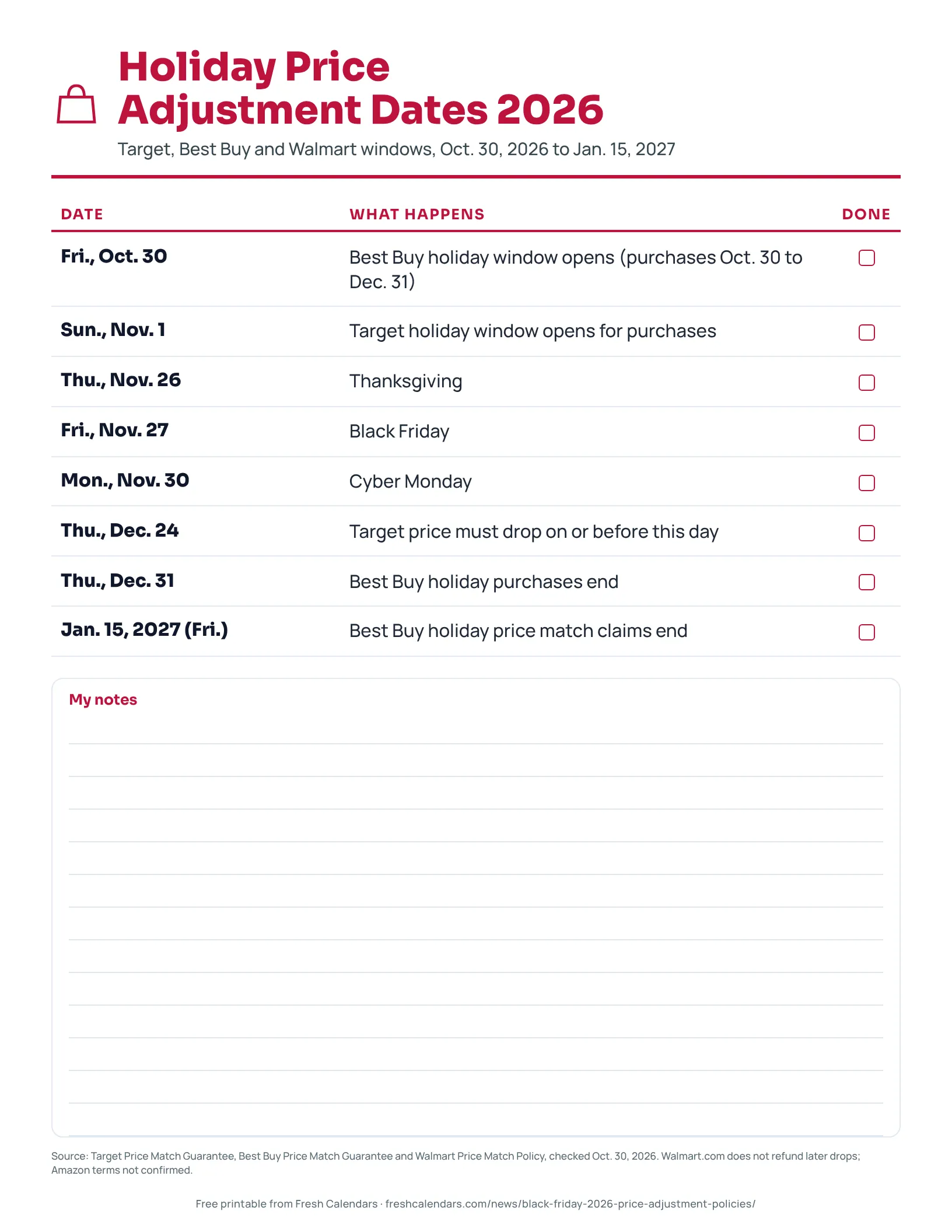 Printable list of holiday price adjustment dates for Target and Best Buy from Oct. 30, 2026 to Jan. 15, 2027