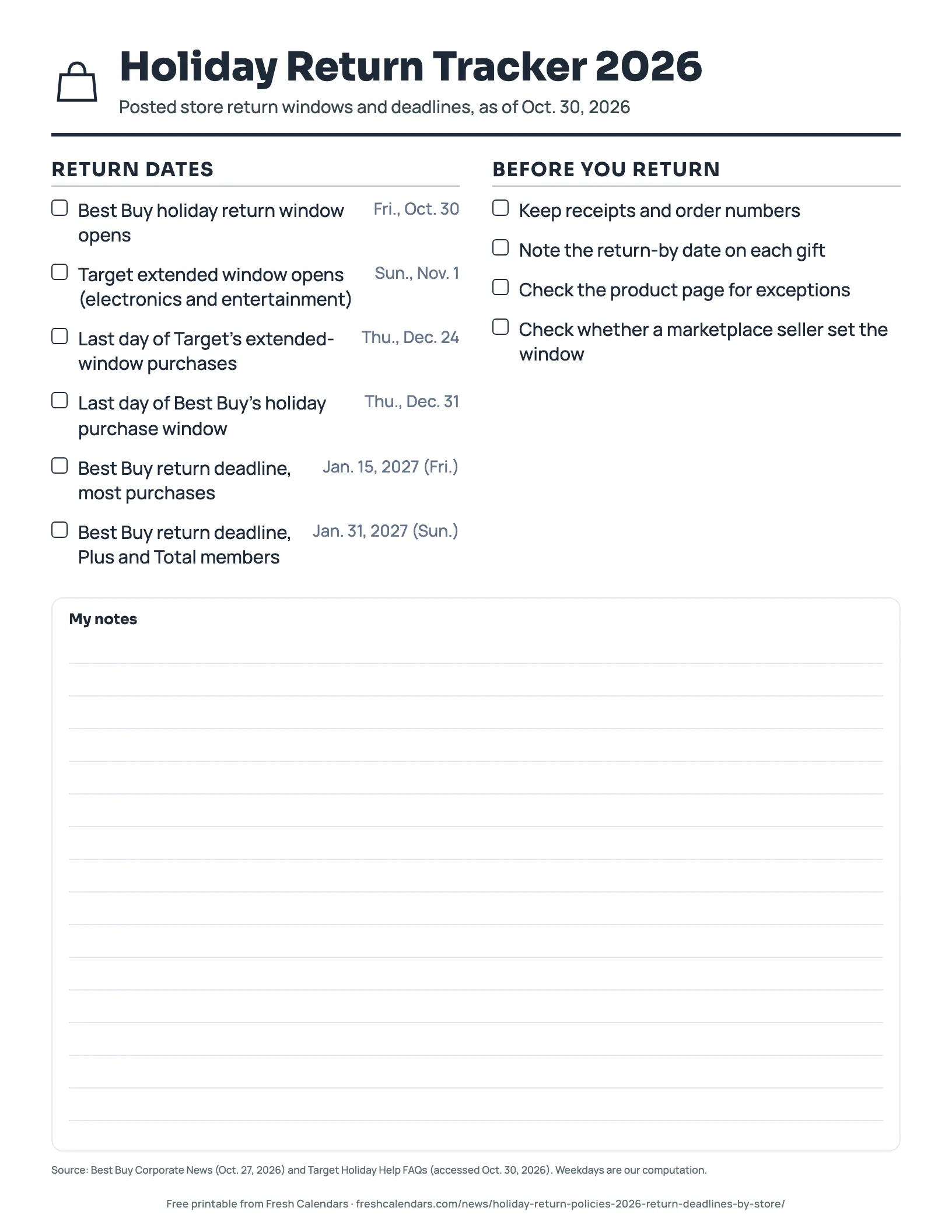 Holiday Return Tracker 2026 (ink saver) Printable 2026 holiday return tracker with Best Buy and Target dates and a returns checklist, ink-saver version