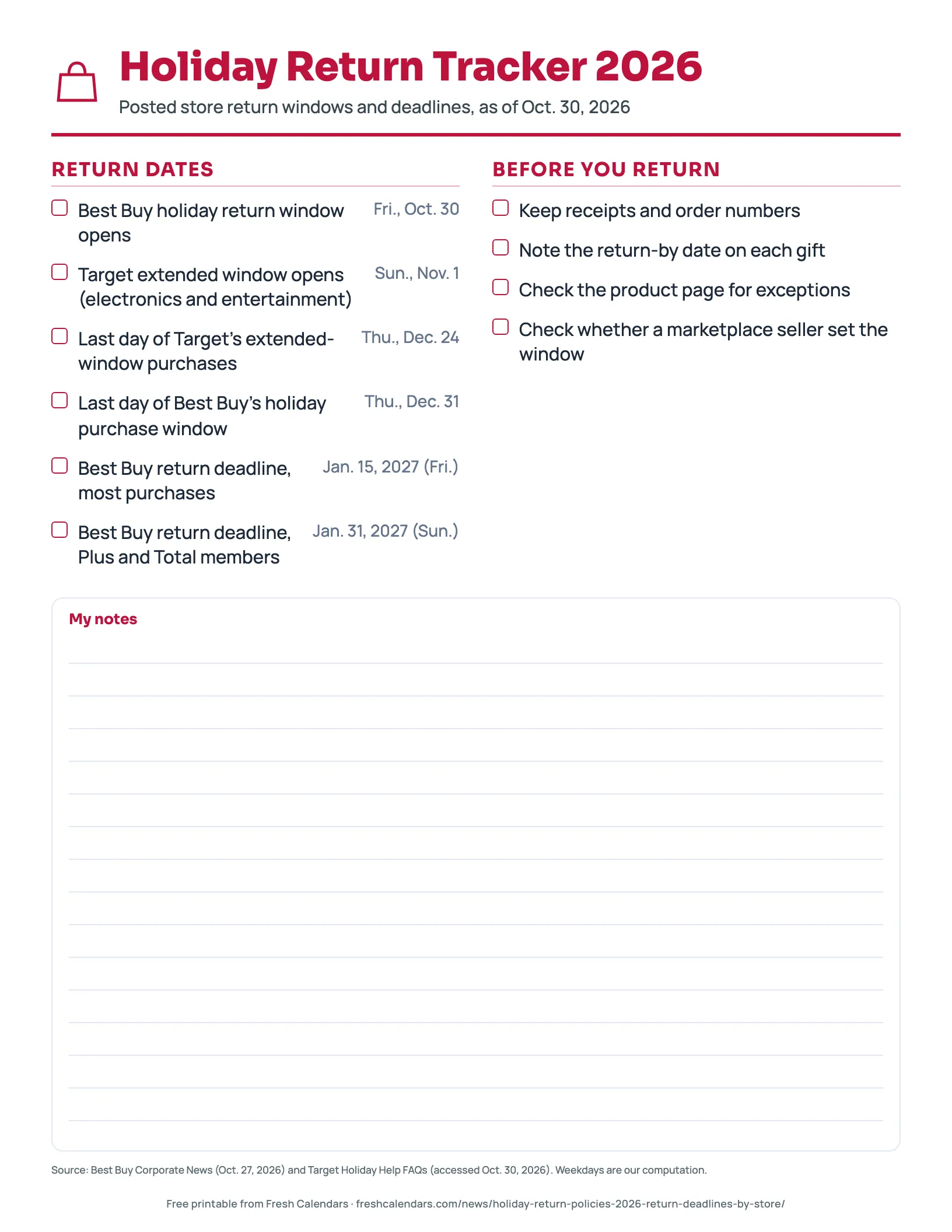 Holiday Return Tracker 2026 Printable 2026 holiday return tracker with Best Buy and Target dates and a returns checklist