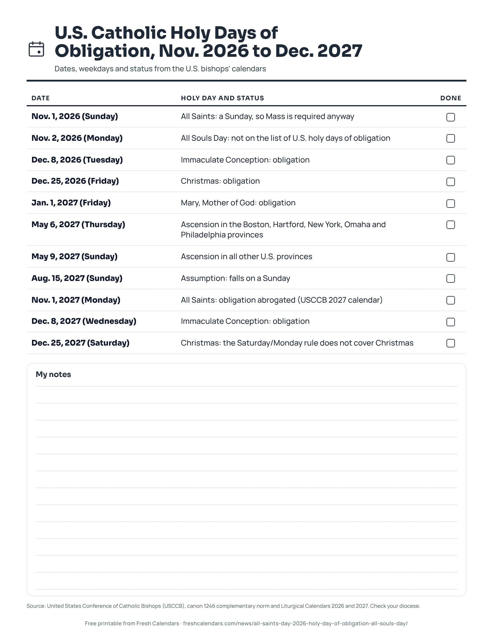 U.S. Catholic Holy Days of Obligation, Nov. 2026 to Dec. 2027 (ink saver) Printable list of U.S. Catholic holy days of obligation from November 2026 to December 2027 with weekdays and status, ink-saver version