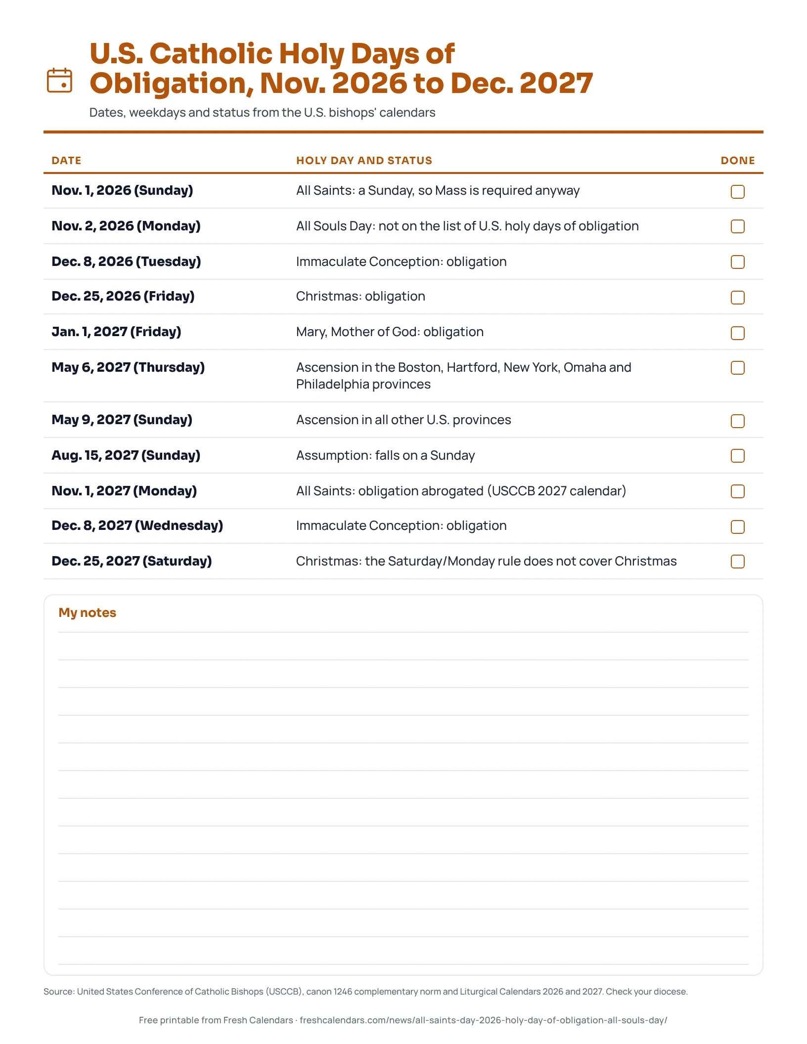 U.S. Catholic Holy Days of Obligation, Nov. 2026 to Dec. 2027 Printable list of U.S. Catholic holy days of obligation from November 2026 to December 2027 with weekdays and status