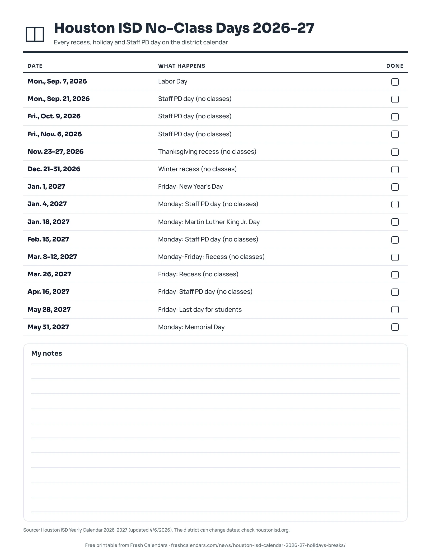 Houston ISD No-Class Days 2026-27 (ink saver) Houston ISD 2026-27 printable list of no-class days, recesses and holidays, ink-saver version