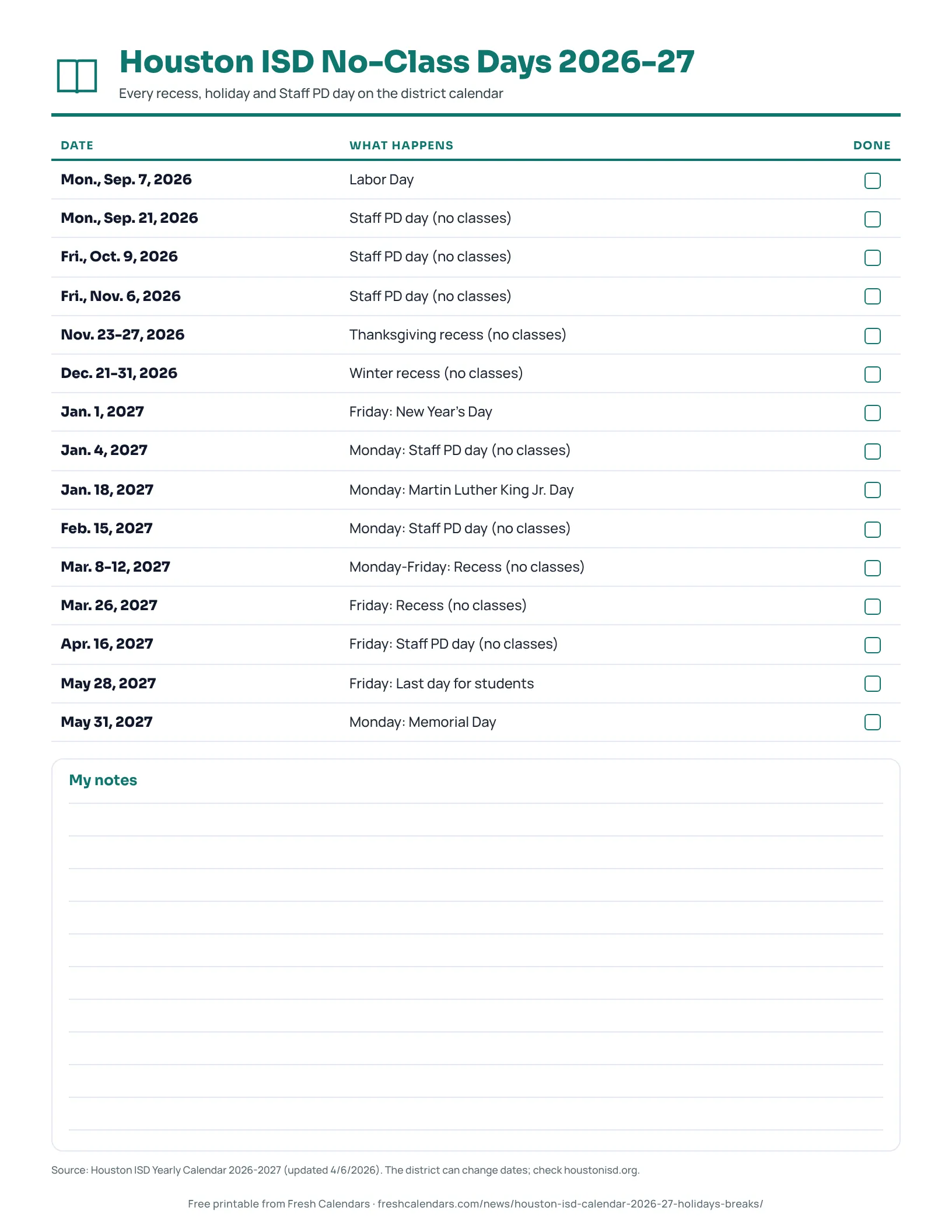 Houston ISD No-Class Days 2026-27 Houston ISD 2026-27 printable list of no-class days, recesses and holidays