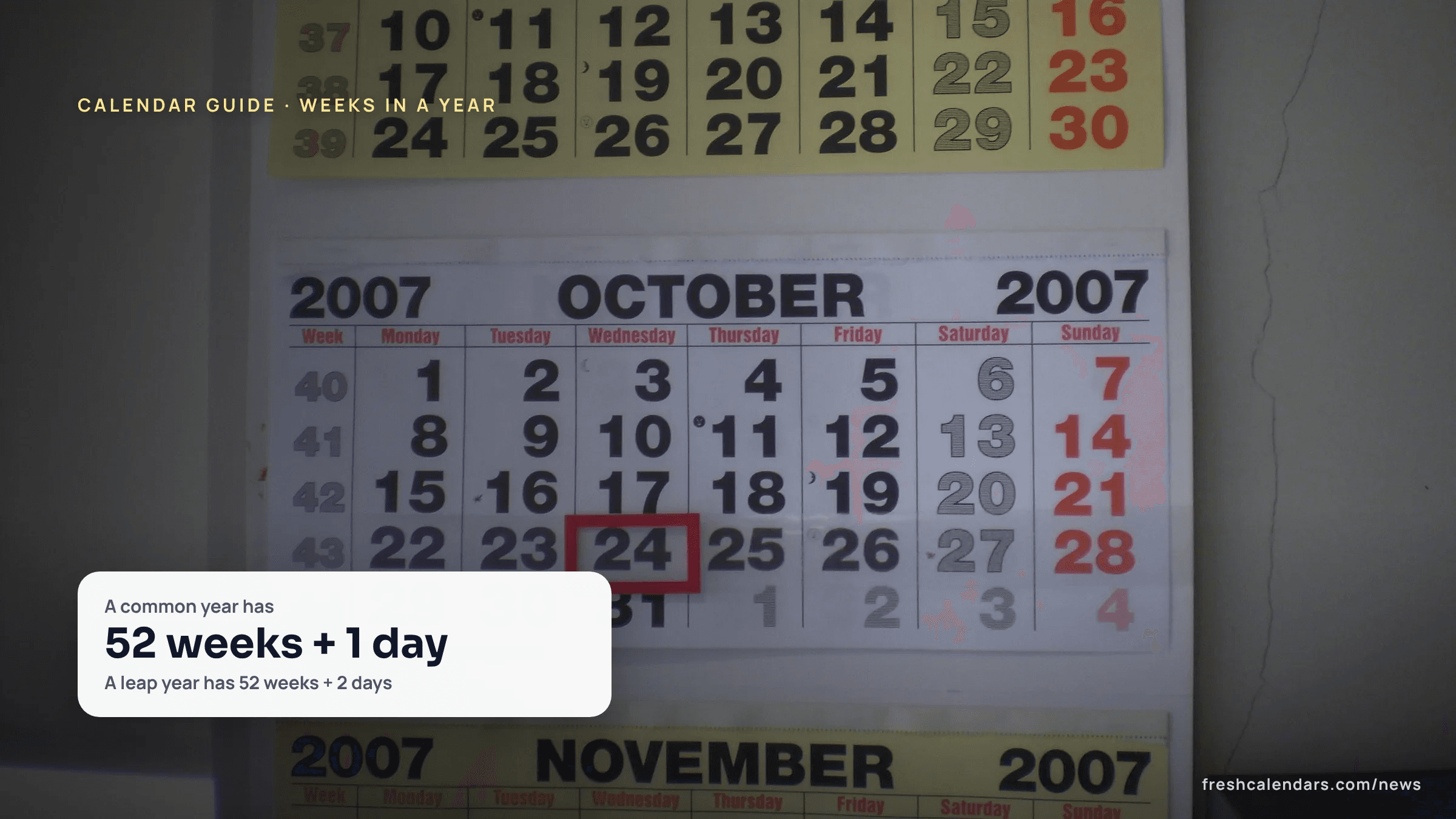 A wall calendar hanging on a wall, the kind used to count how many weeks are in a year