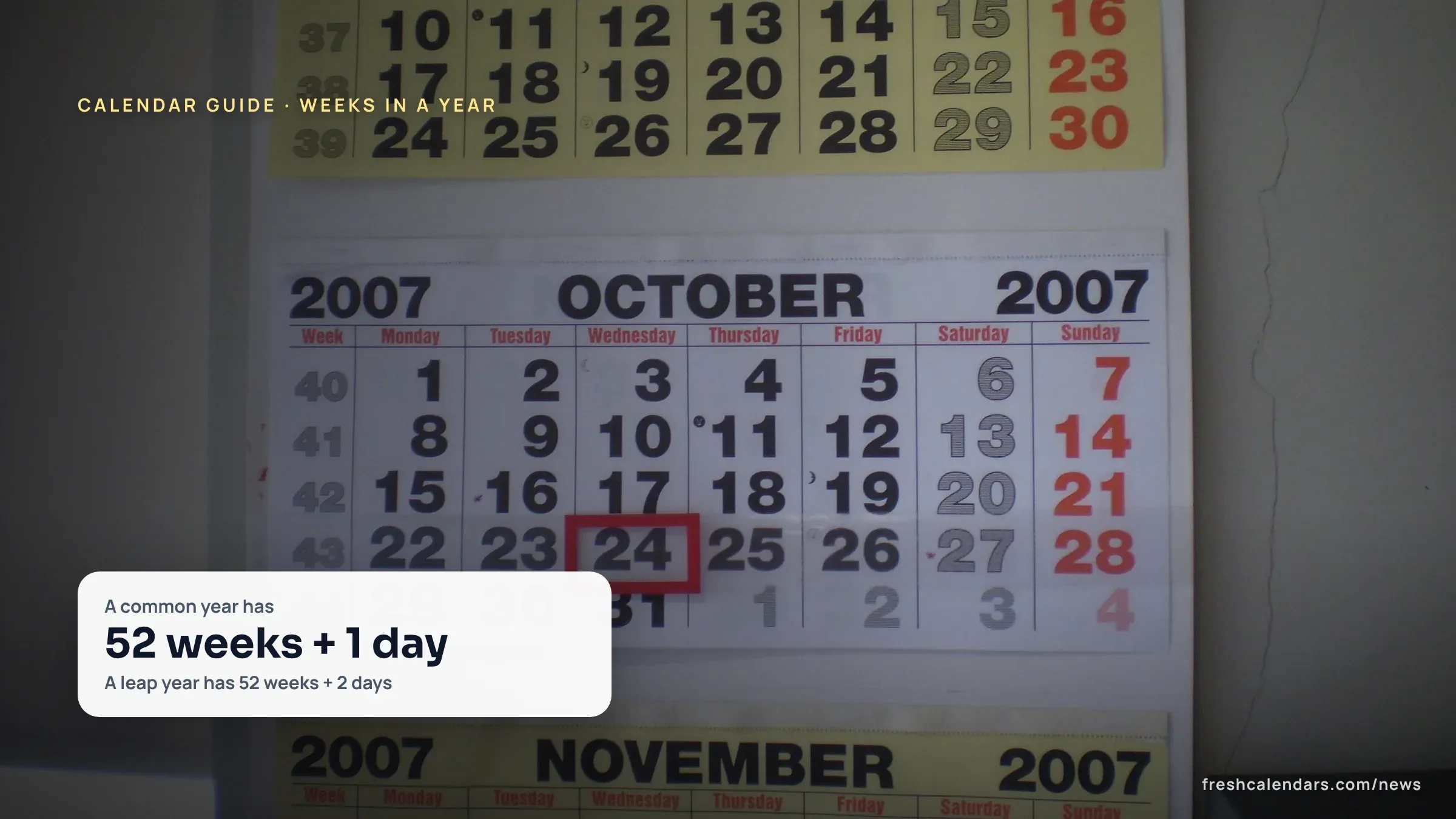 A wall calendar hanging on a wall, the kind used to count how many weeks are in a year