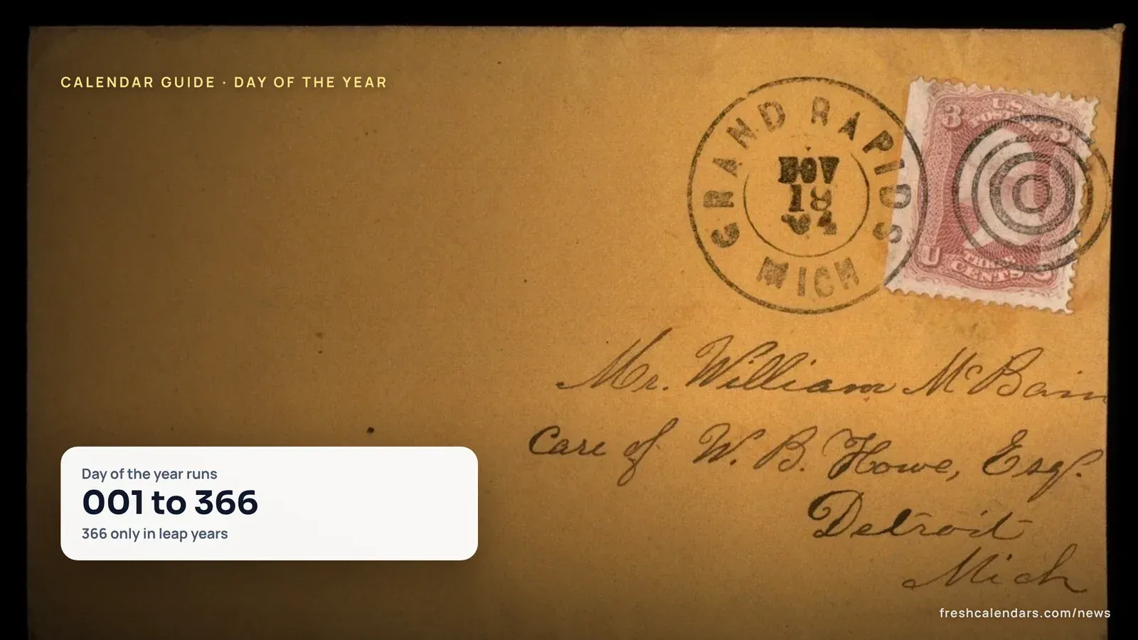 An 1864 Grand Rapids, Michigan, datestamp on an envelope, a date mark for how to calculate the day of the year