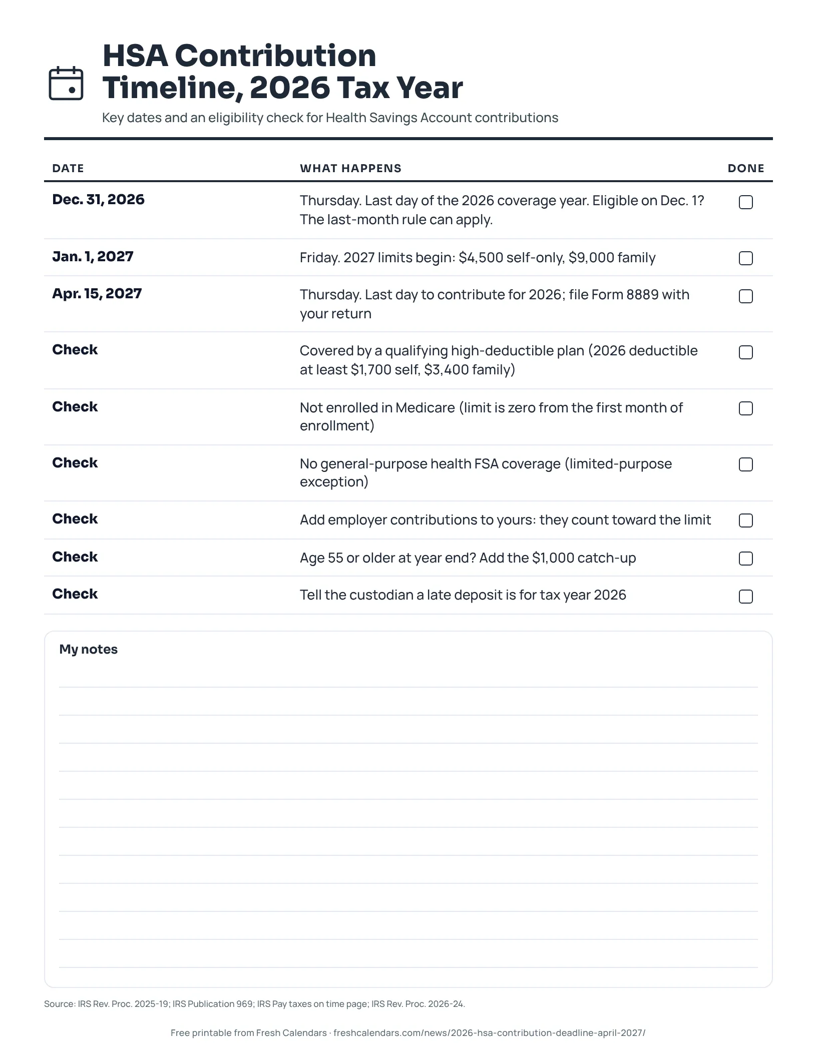 HSA Contribution Timeline, 2026 Tax Year (ink saver) Printable timeline of 2026 Health Savings Account contribution dates with an eligibility checklist, ink-saver version