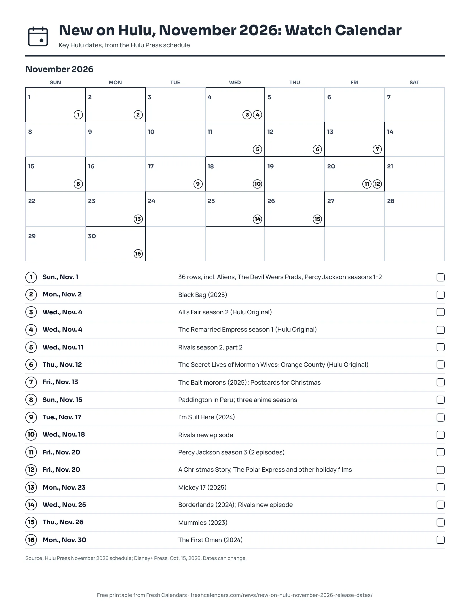 Printable Hulu November 2026 month calendar with Hulu titles marked on their release dates, ink-saver version