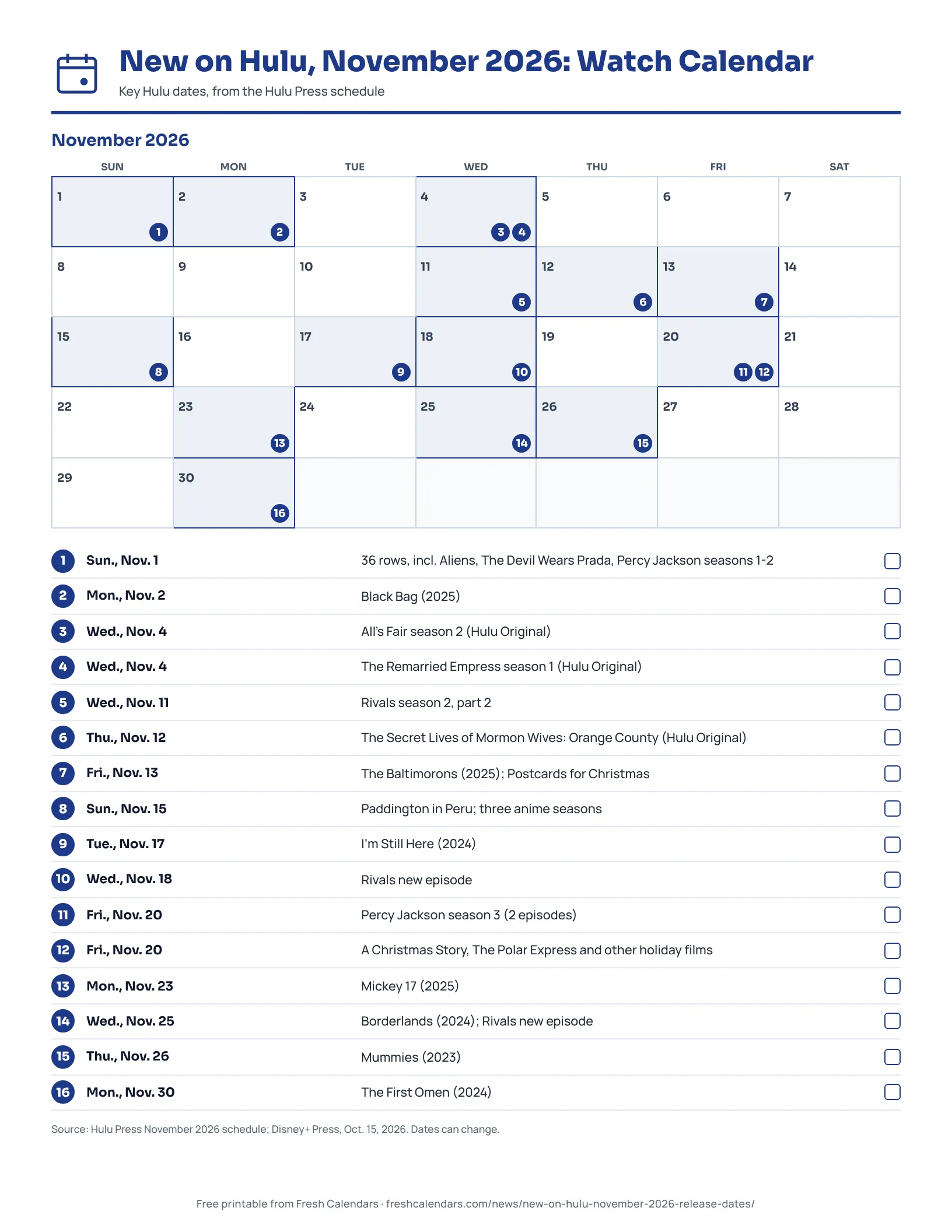 Printable Hulu November 2026 month calendar with Hulu titles marked on their release dates