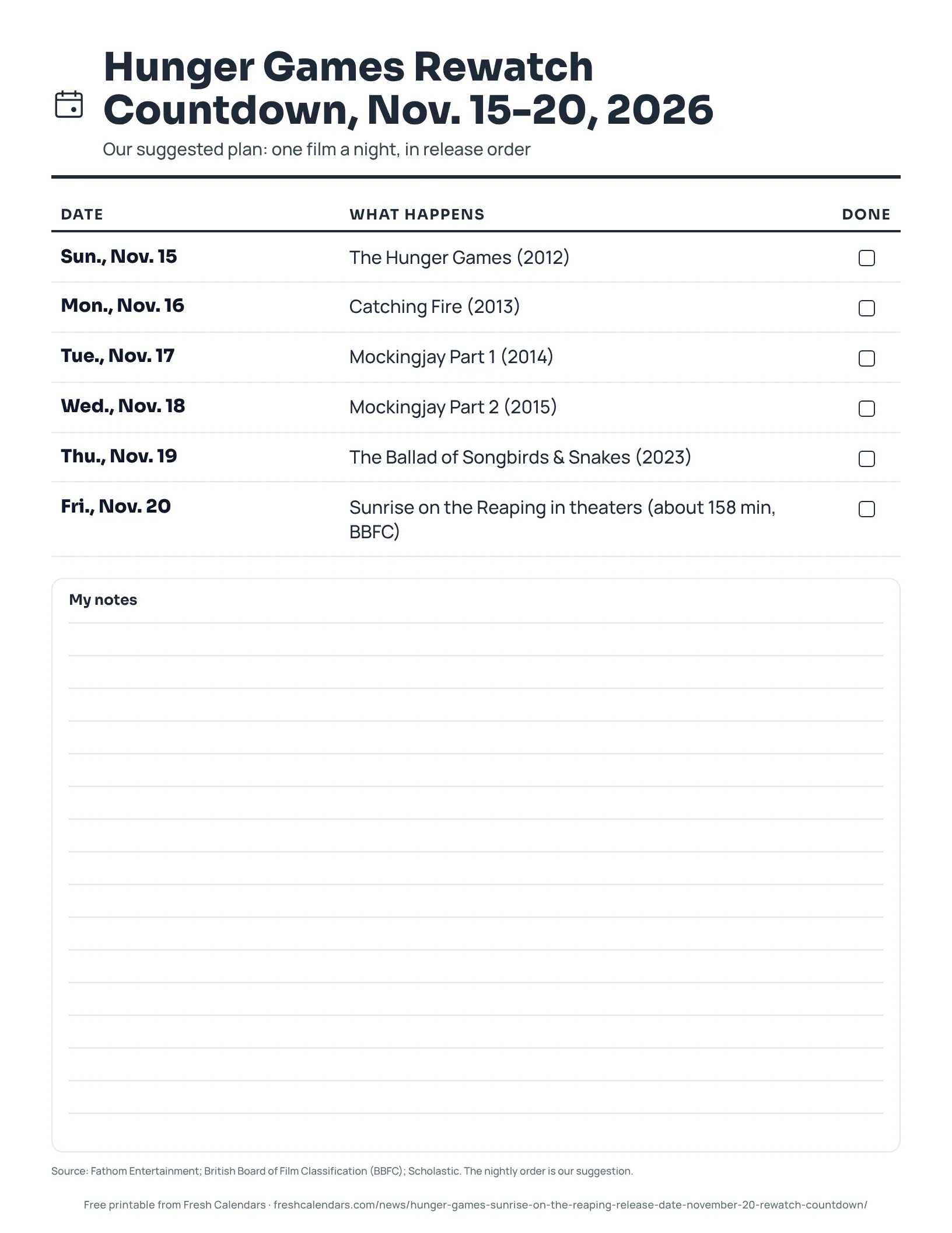Printable Hunger Games rewatch plan with one film per night from Nov. 15 to 19, 2026 and the Nov. 20 Sunrise on the Reaping opening, each wi, ink-saver version