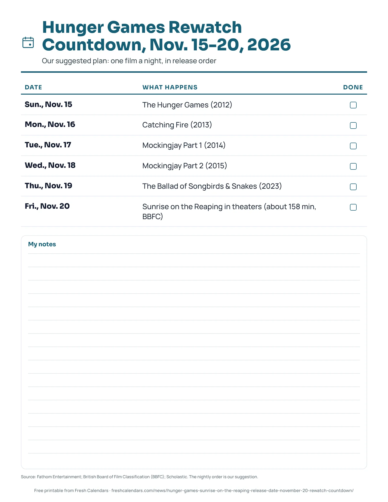 Printable Hunger Games rewatch plan with one film per night from Nov. 15 to 19, 2026 and the Nov. 20 Sunrise on the Reaping opening, each with a tick box