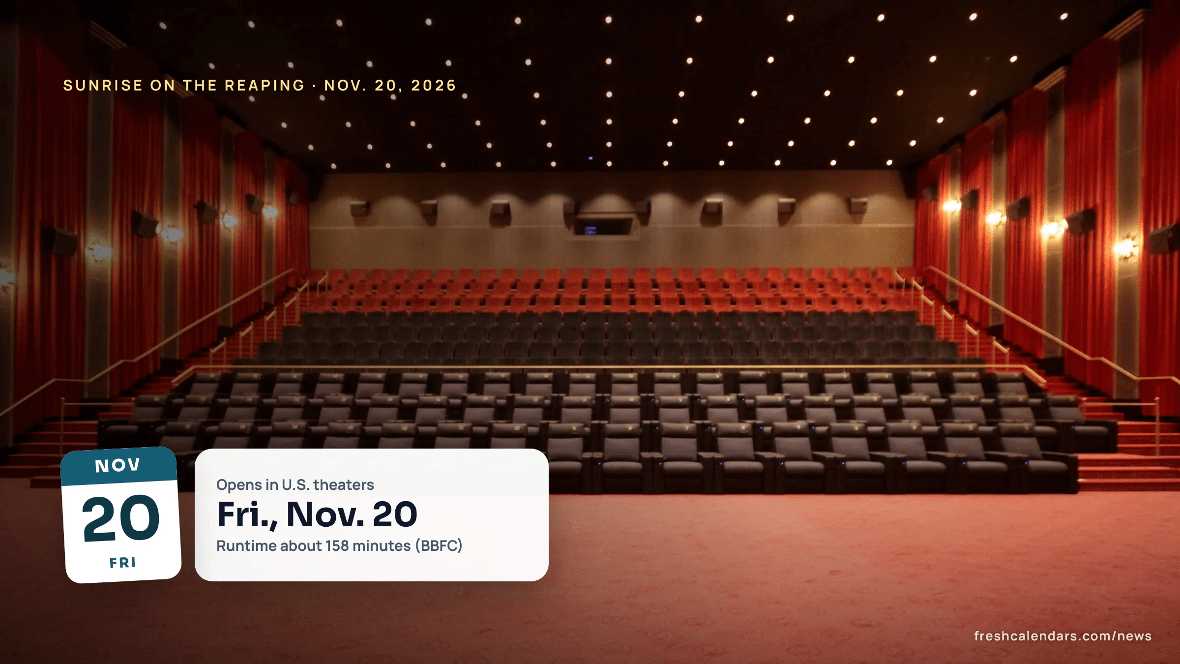 Empty cinema auditorium with red seats facing the screen, for the Sunrise on the Reaping release date