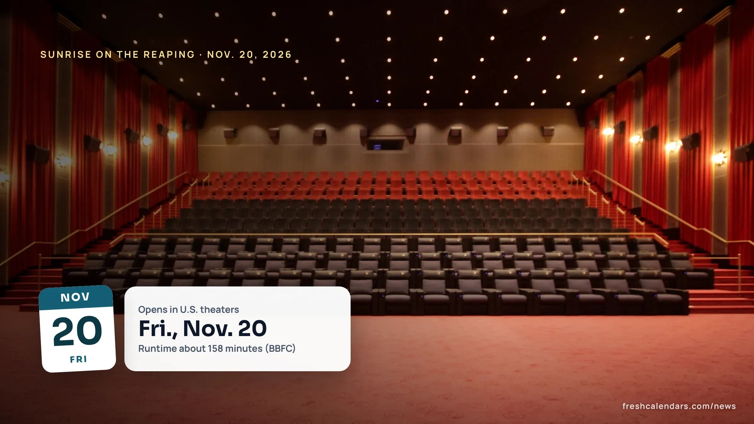Sunrise on the Reaping Release Date: Nov. 20, 2026, Runtime and a 5-Night Rewatch Plan Empty cinema auditorium with red seats facing the screen, for the Sunrise on the Reaping release date