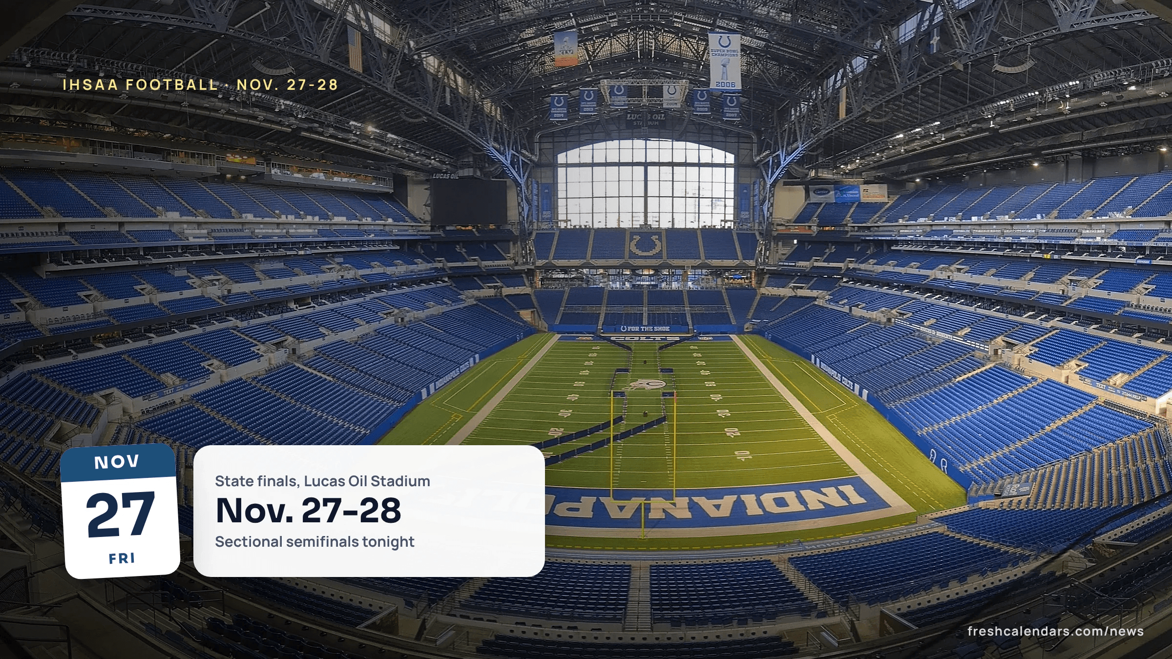 Lucas Oil Stadium in Indianapolis, host of the IHSAA football tournament 2026 state finals, seen from a south end suite