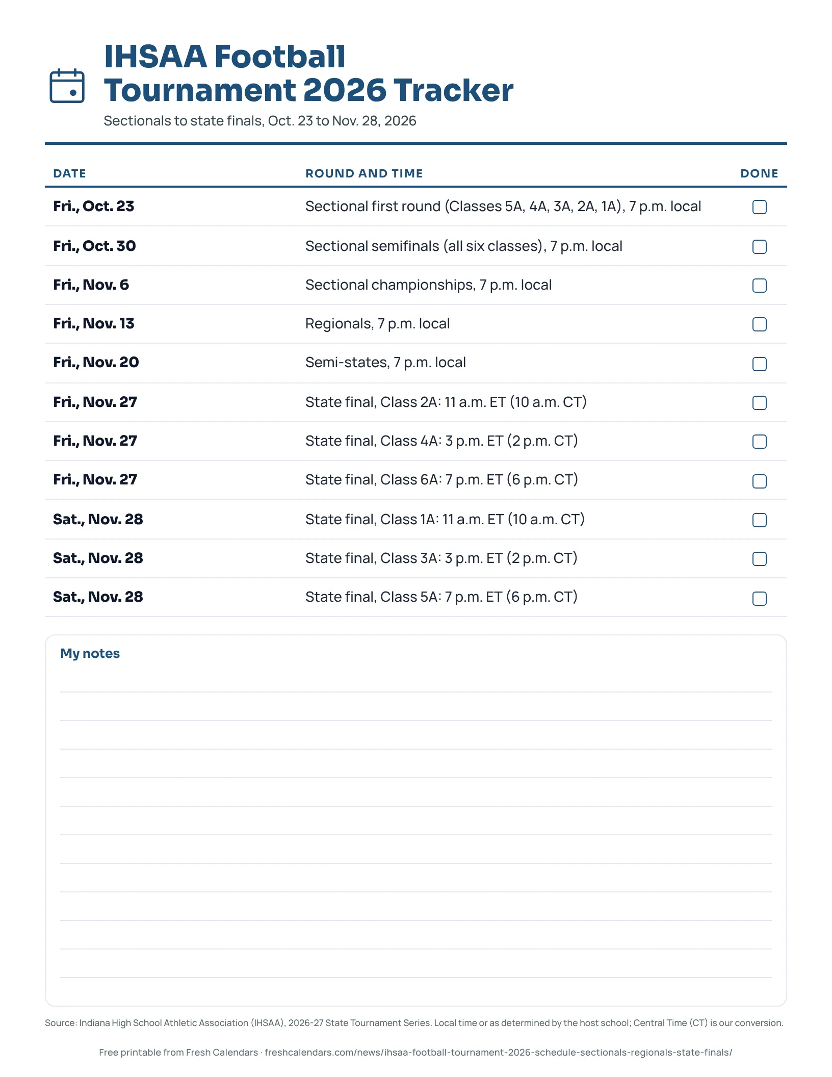 IHSAA Football Tournament 2026 Tracker IHSAA football tournament 2026 tracker listing round dates from Oct. 23 to Nov. 28 and state final times