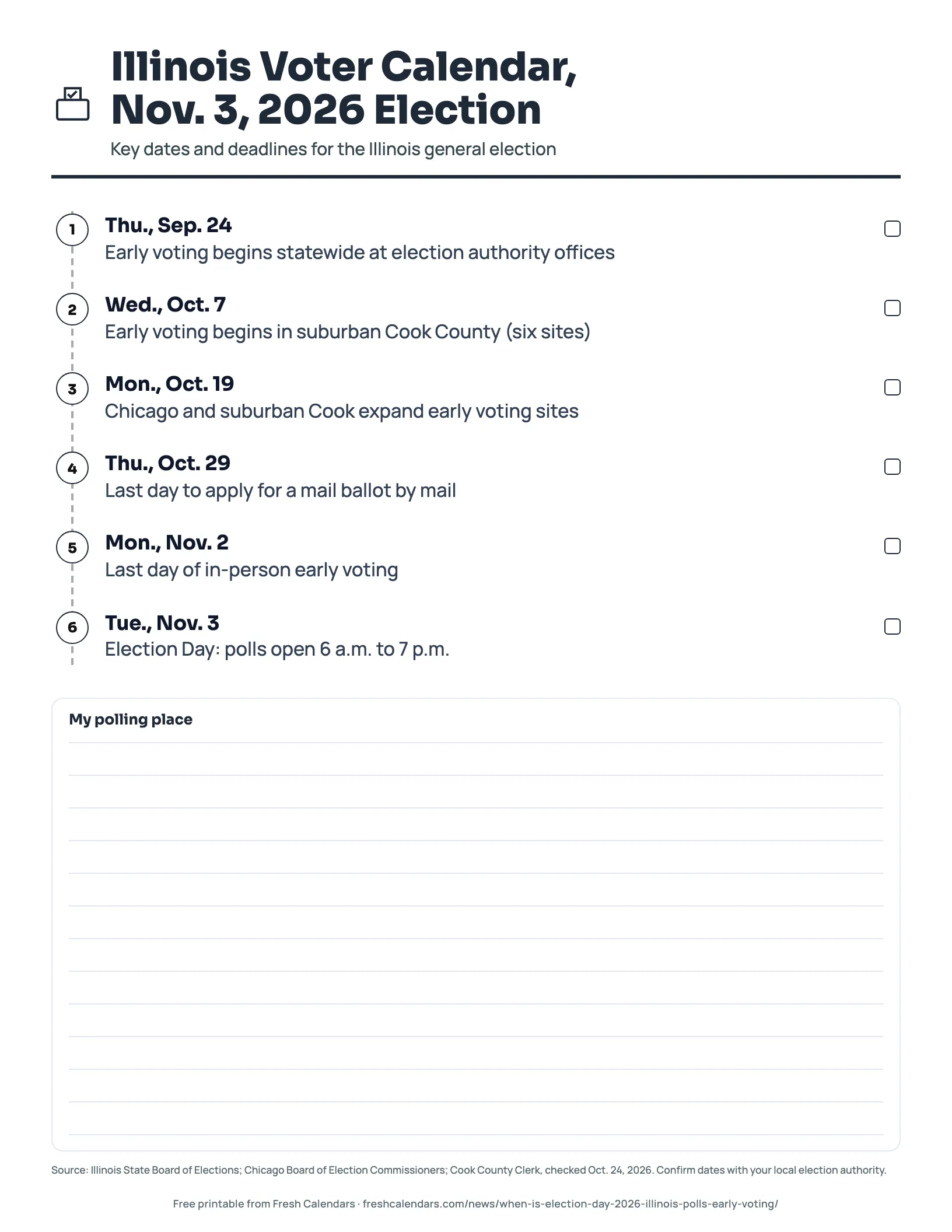 Illinois Voter Calendar, Nov. 3, 2026 Election (ink saver) Illinois voter calendar printable for the Nov. 3, 2026 election with early voting dates, the mail ballot deadline and polling hours, ink-saver version