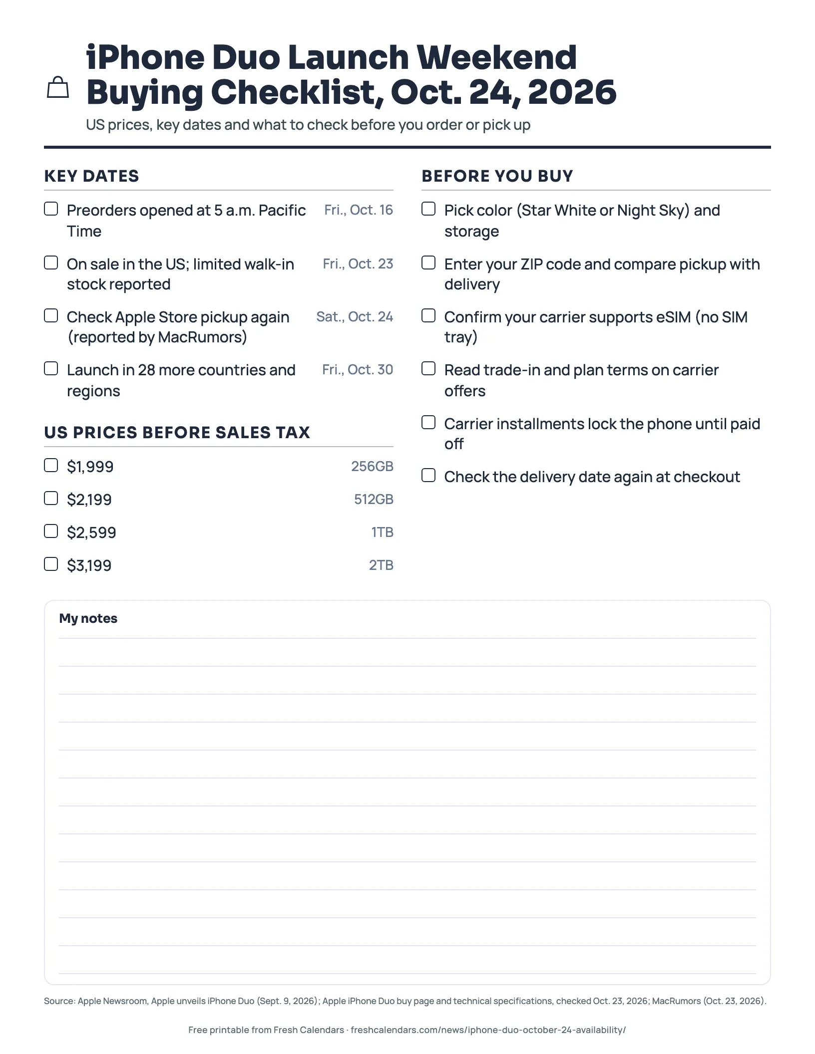 iPhone Duo Launch Weekend Buying Checklist, Oct. 24, 2026 iPhone Duo launch weekend checklist printable with key dates from Oct. 16 to Oct. 30, US prices by storage and a before-you-buy list