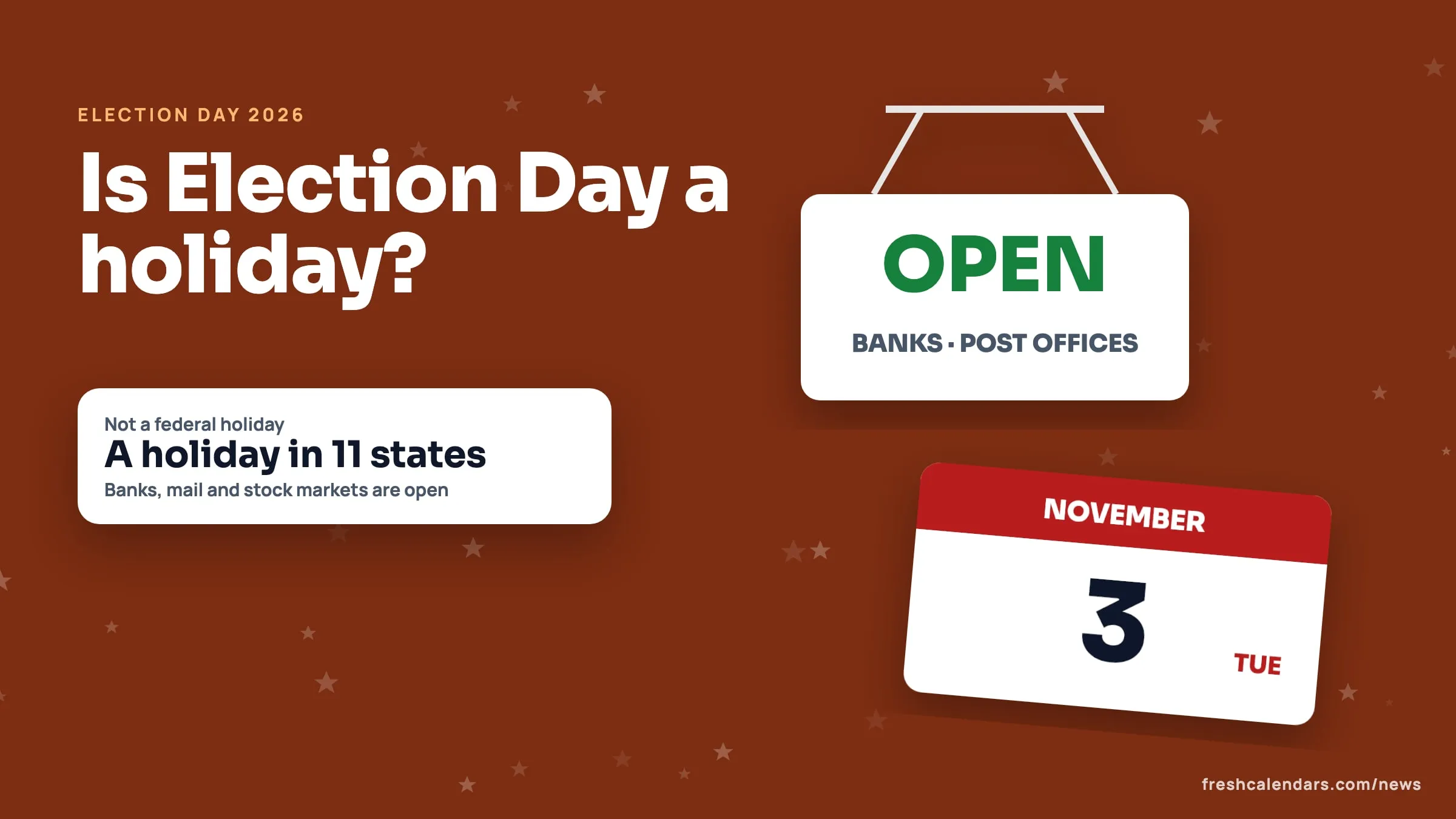 Is Election Day a Holiday? Is the DMV, Bank or Post Office Open on Nov. 3, 2026? What's Open and Closed Is Election Day a holiday: an open sign reading banks and post offices beside a calendar page for Tuesday, Nov. 3