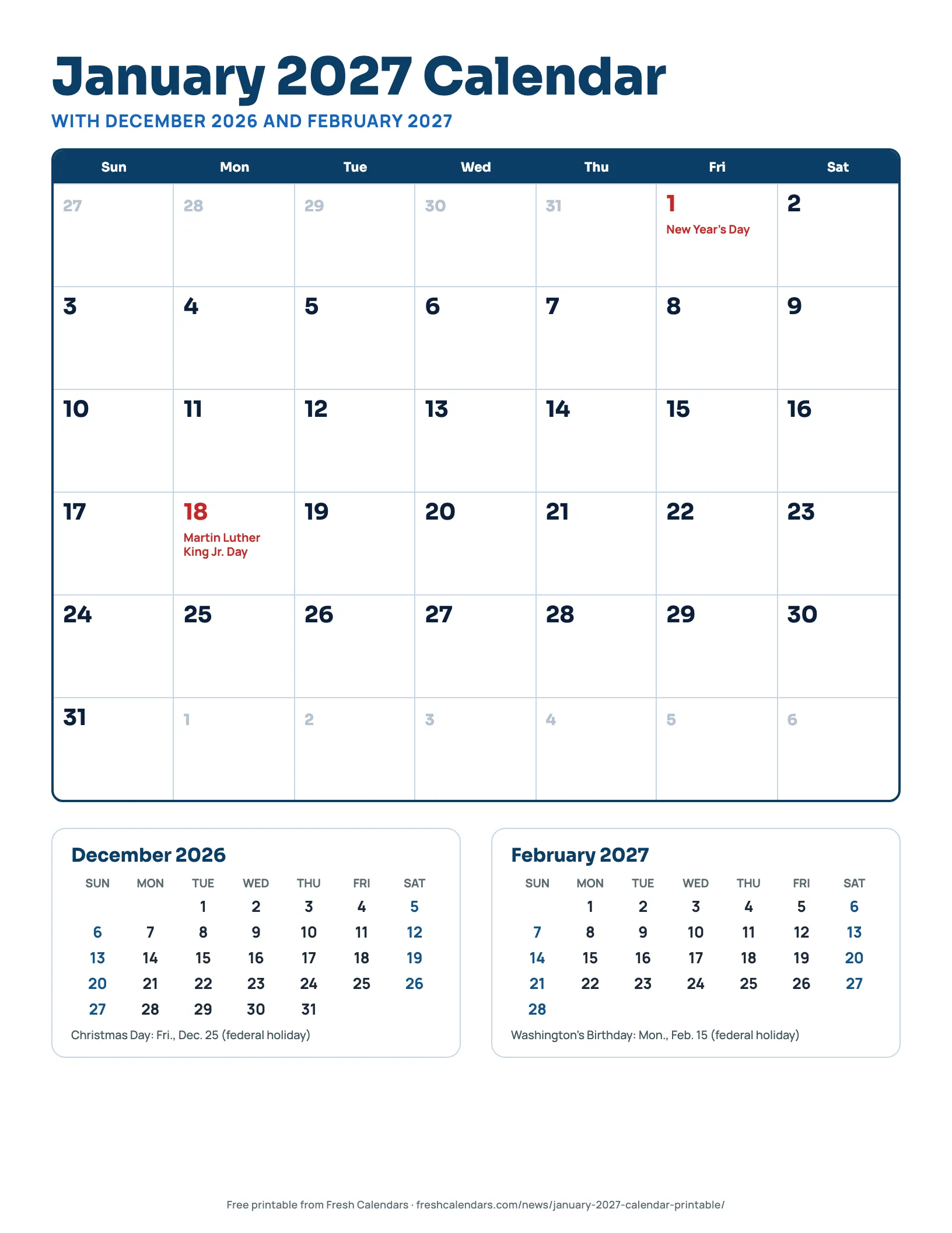 January 2027 Calendar With December 2026 and February 2027 January 2027 calendar with December 2026 and February 2027 three-month printable